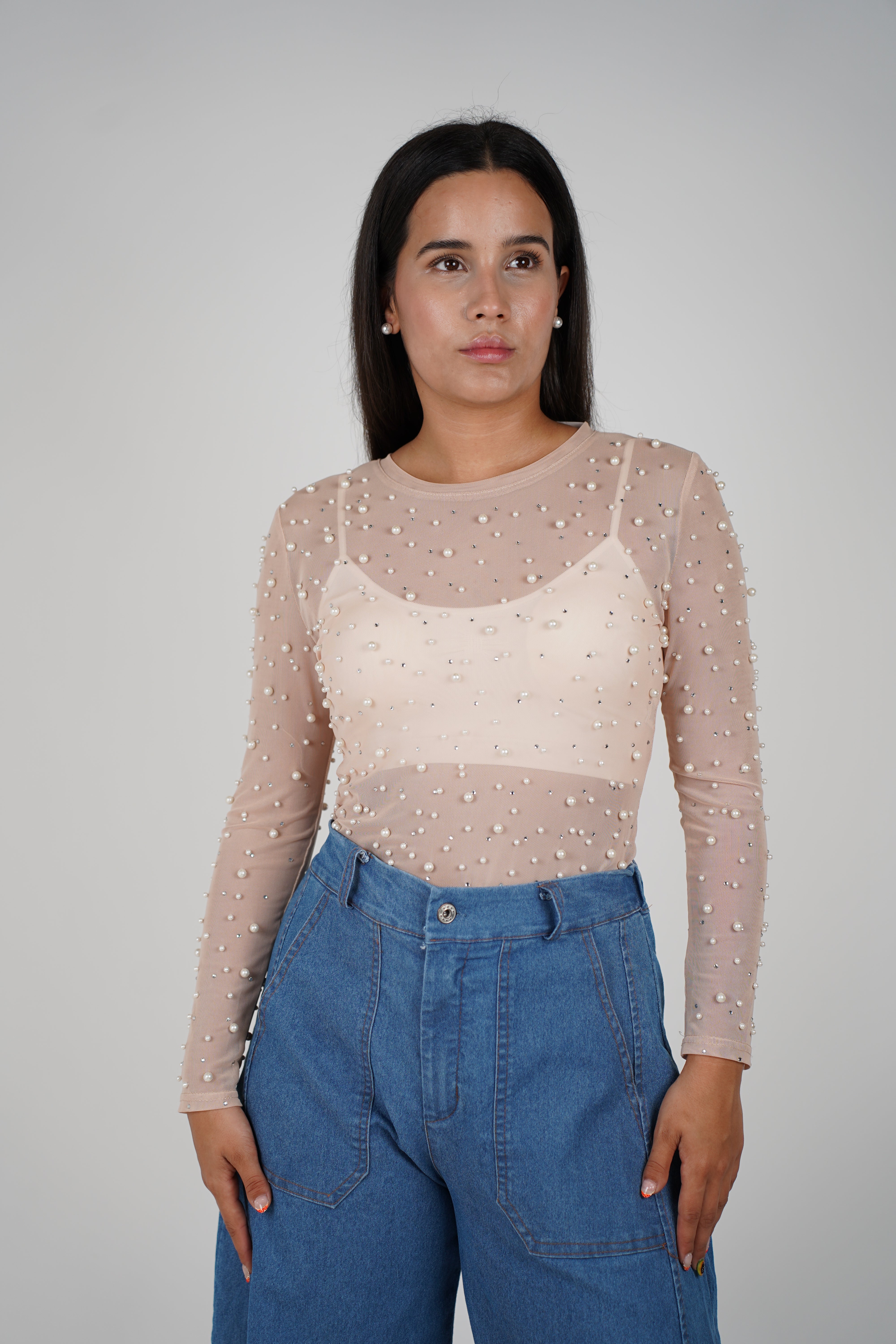 Maya Top – Sheer Mesh Long Sleeve with Pearl & Rhinestone Detail