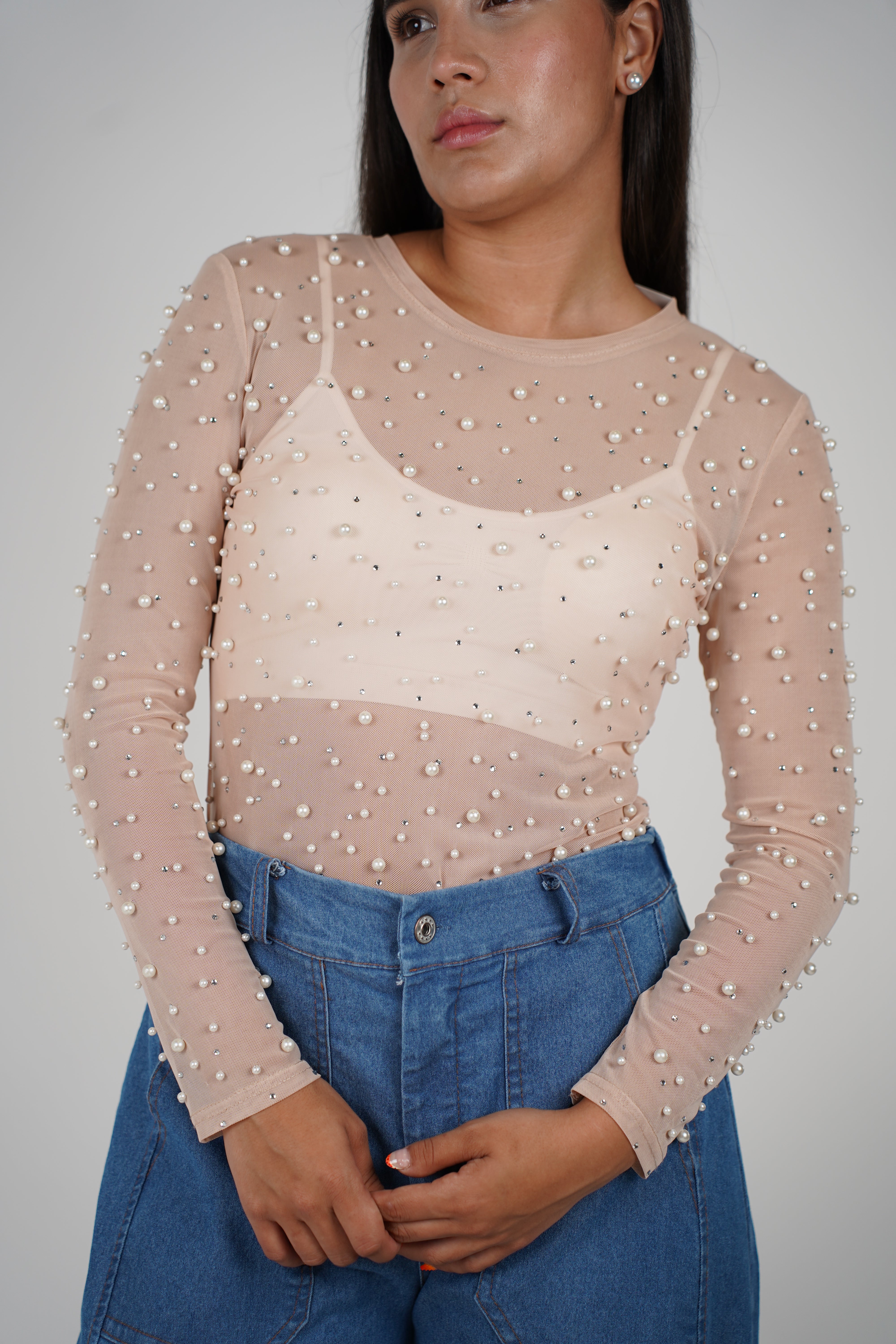 Maya Top – Sheer Mesh Long Sleeve with Pearl & Rhinestone Detail
