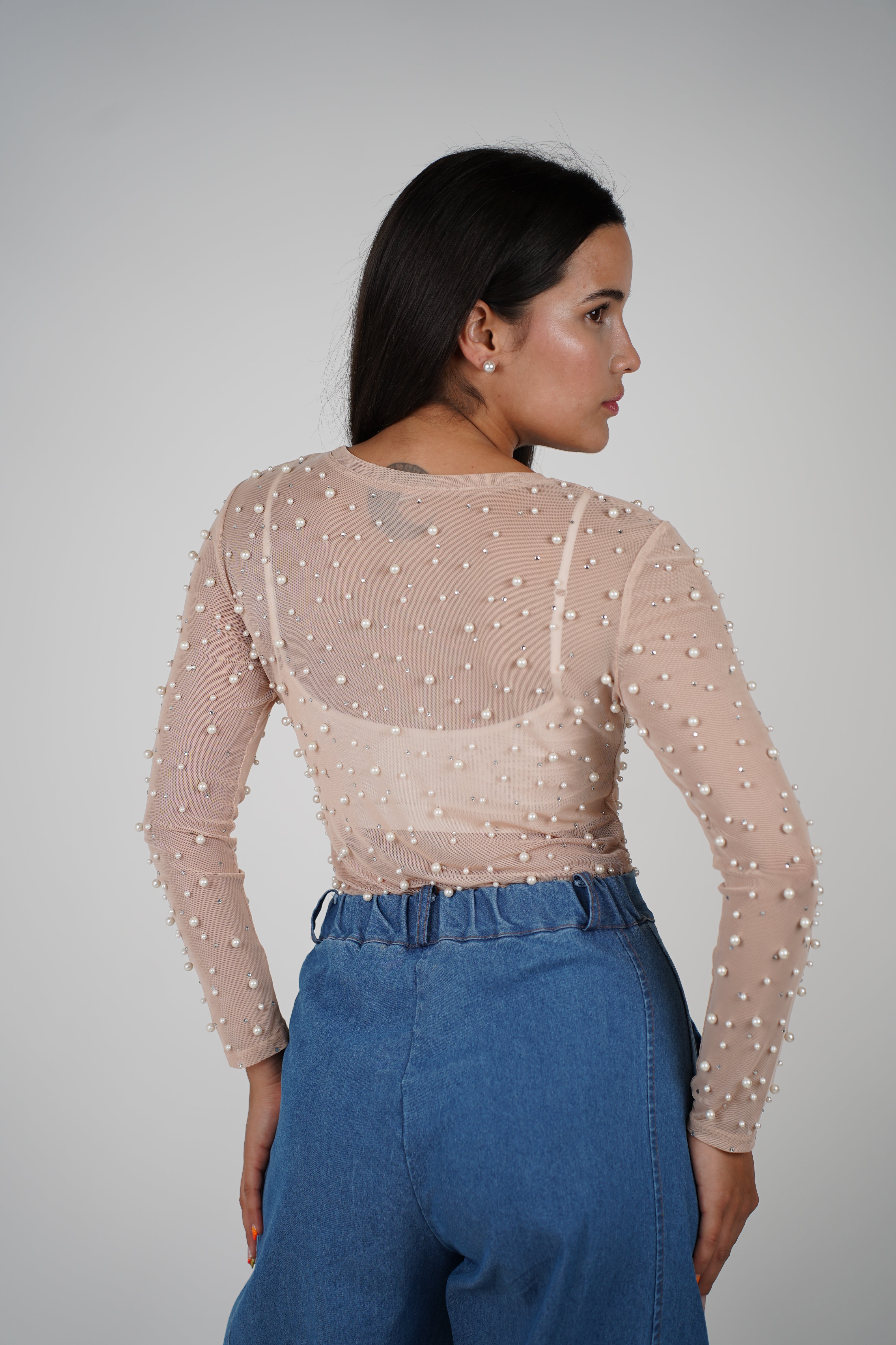Maya Top – Sheer Mesh Long Sleeve with Pearl & Rhinestone Detail