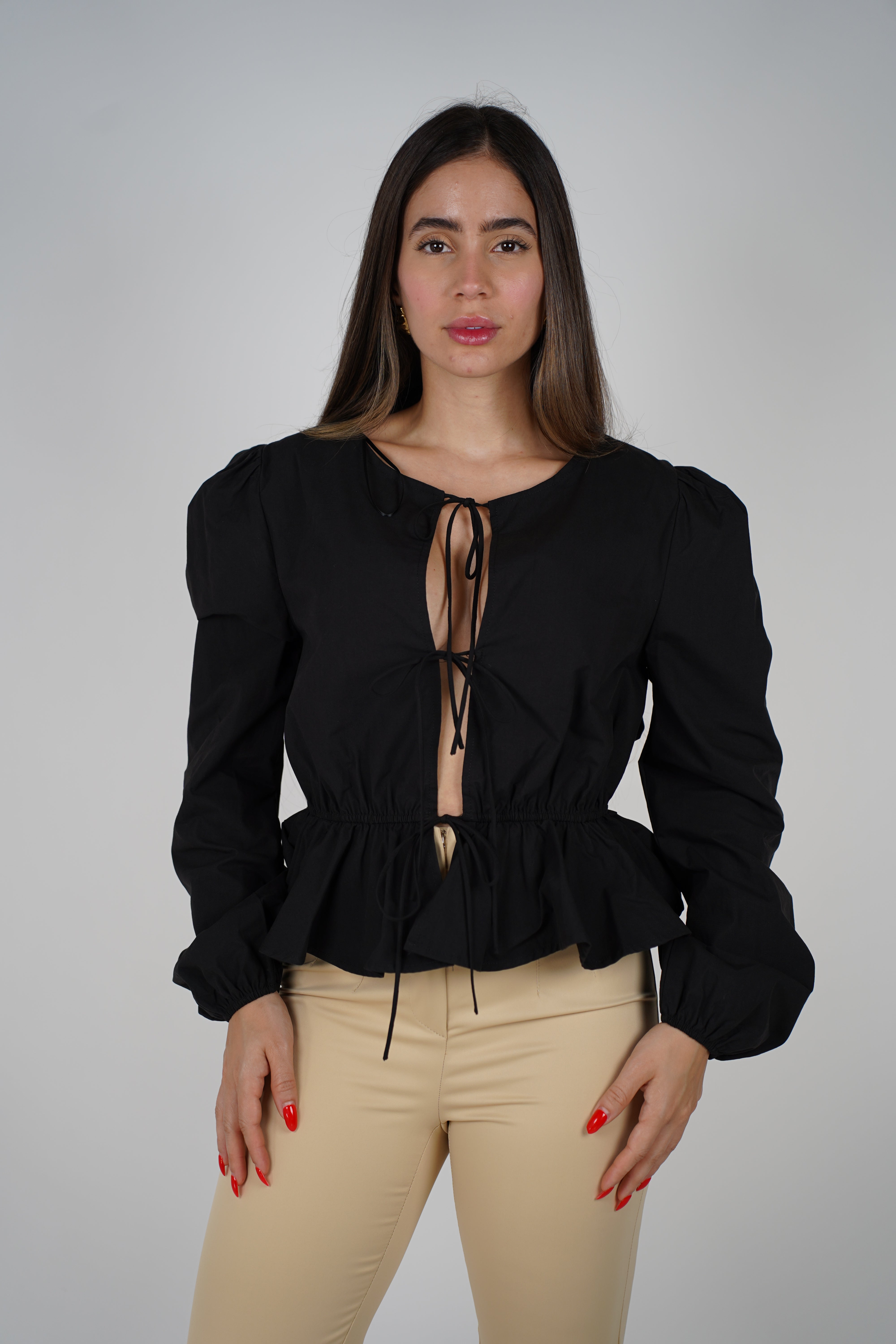 Victoria Top – Elegant Black Tie-Front Blouse