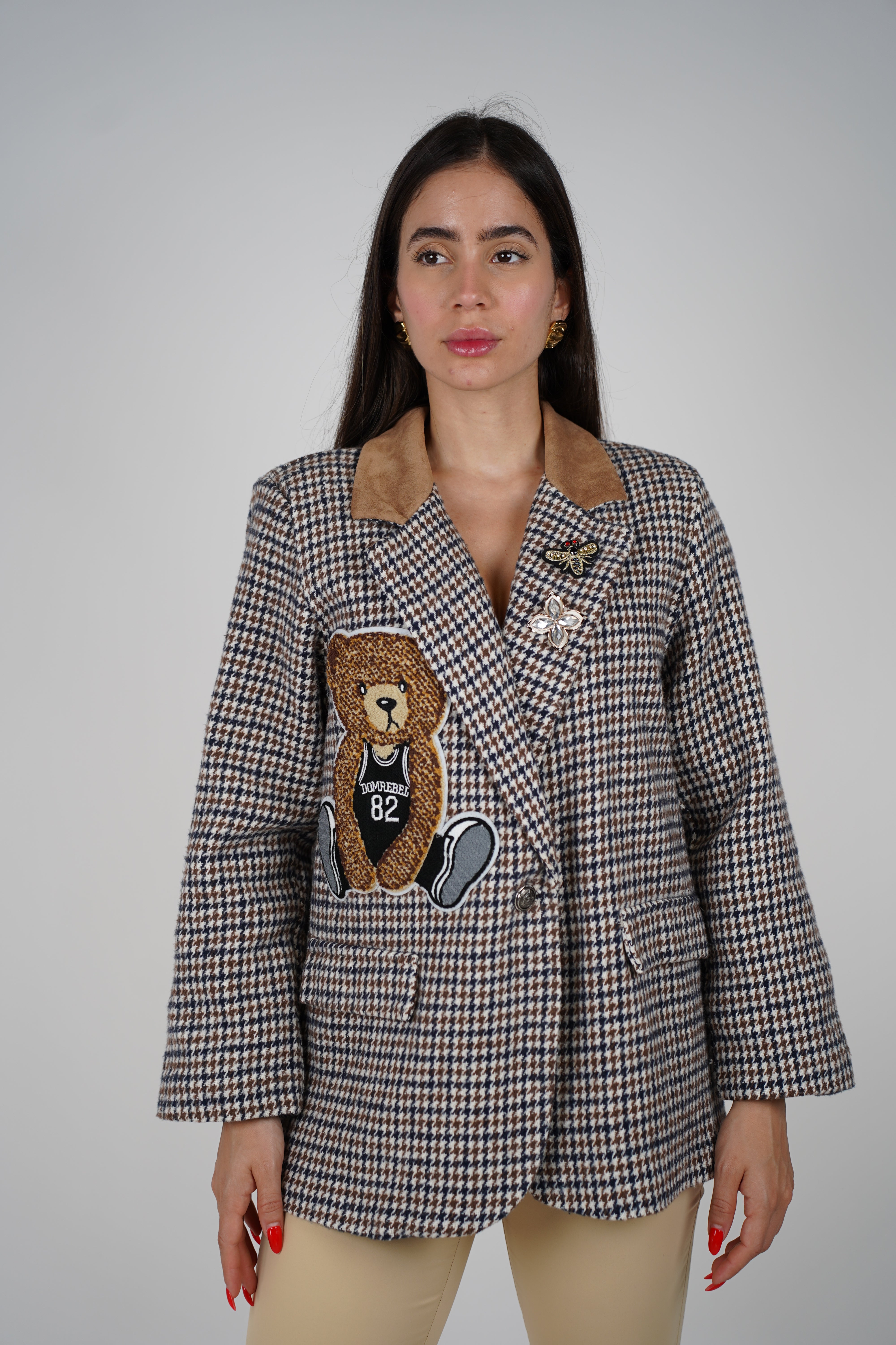 Plaid Bear Blazer – Statement Plaid Jacket with Bear & Bee Embroidery