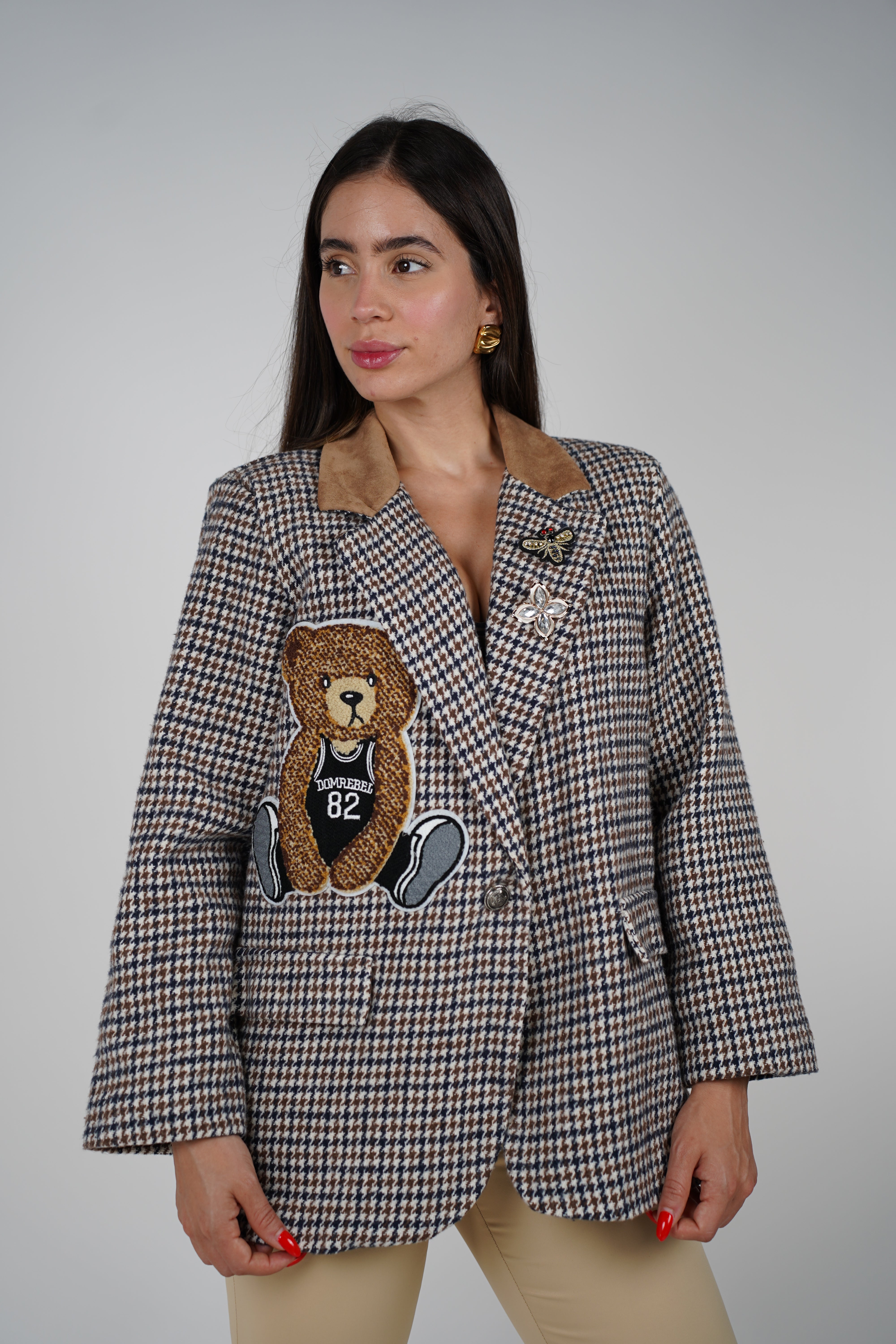 Plaid Bear Blazer – Statement Plaid Jacket with Bear & Bee Embroidery