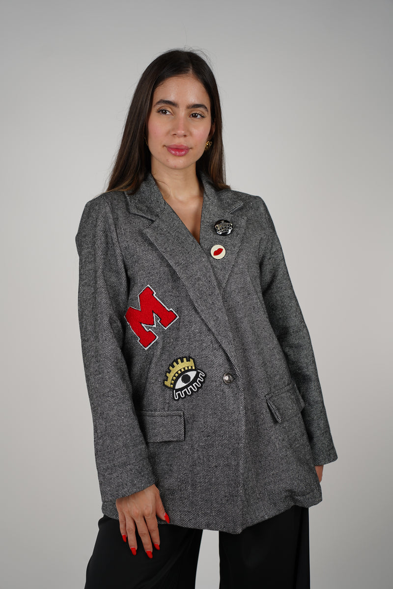 Plaid Bear Blazer – Embroidered Charcoal Herringbone Blazer