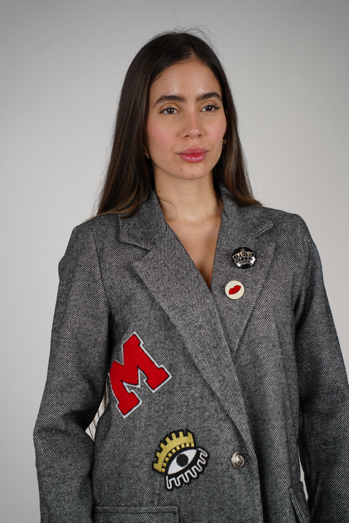 Plaid Bear Blazer – Embroidered Charcoal Herringbone Blazer