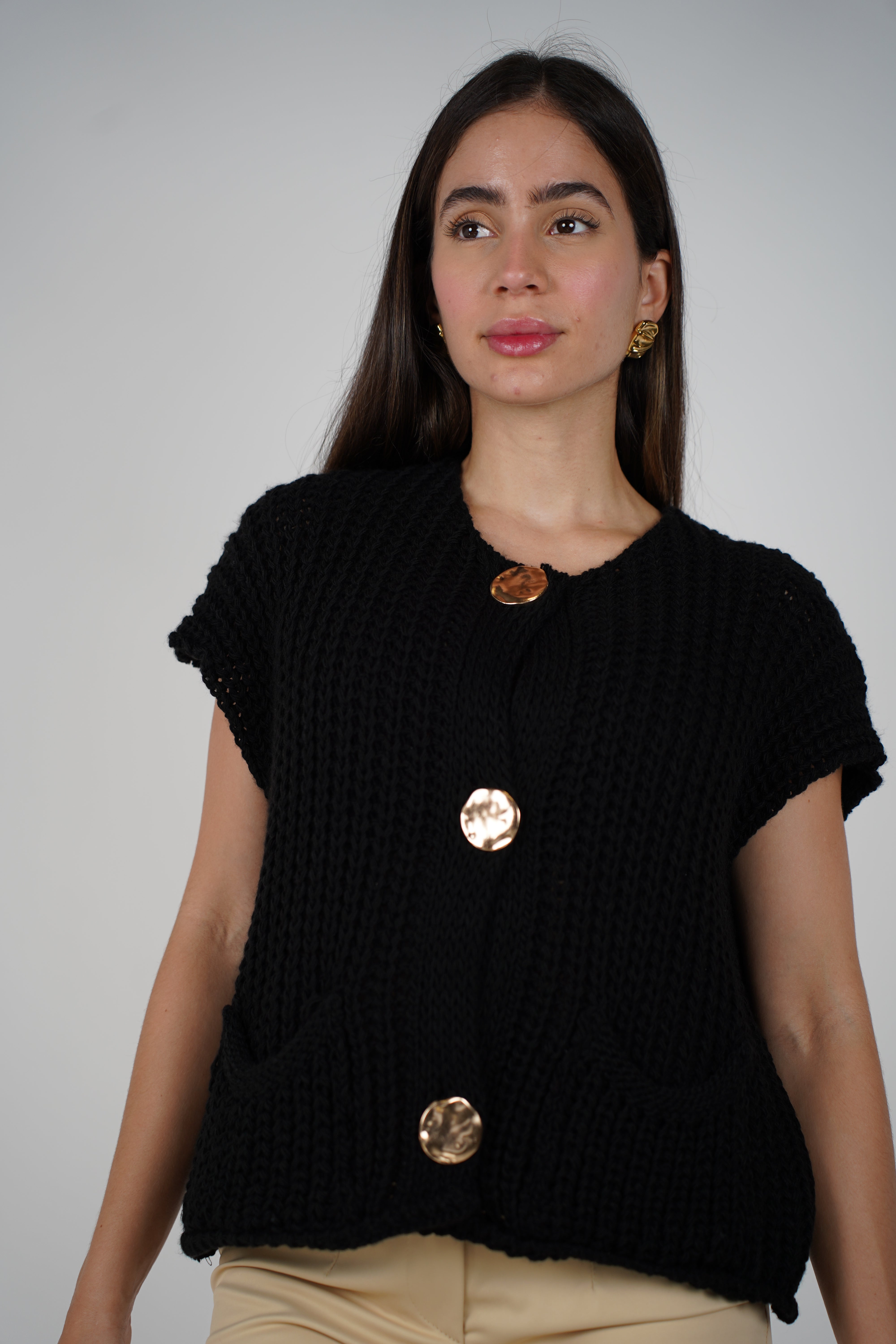 Stella Sweater Vest – Chunky Knit With Gold Button Detail