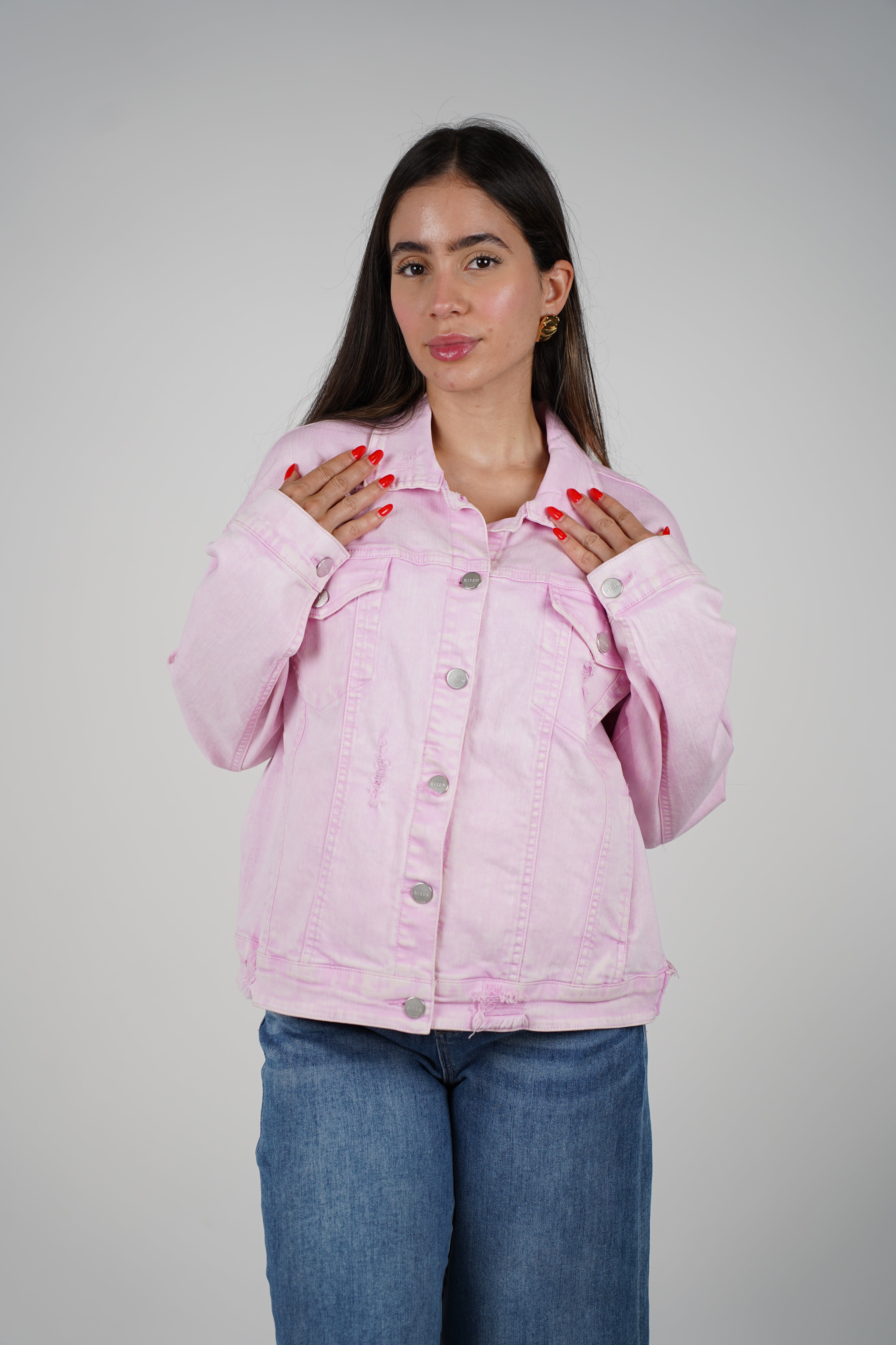 Pimpinela Jacket – Light Pink Denim with a Distressed Edge