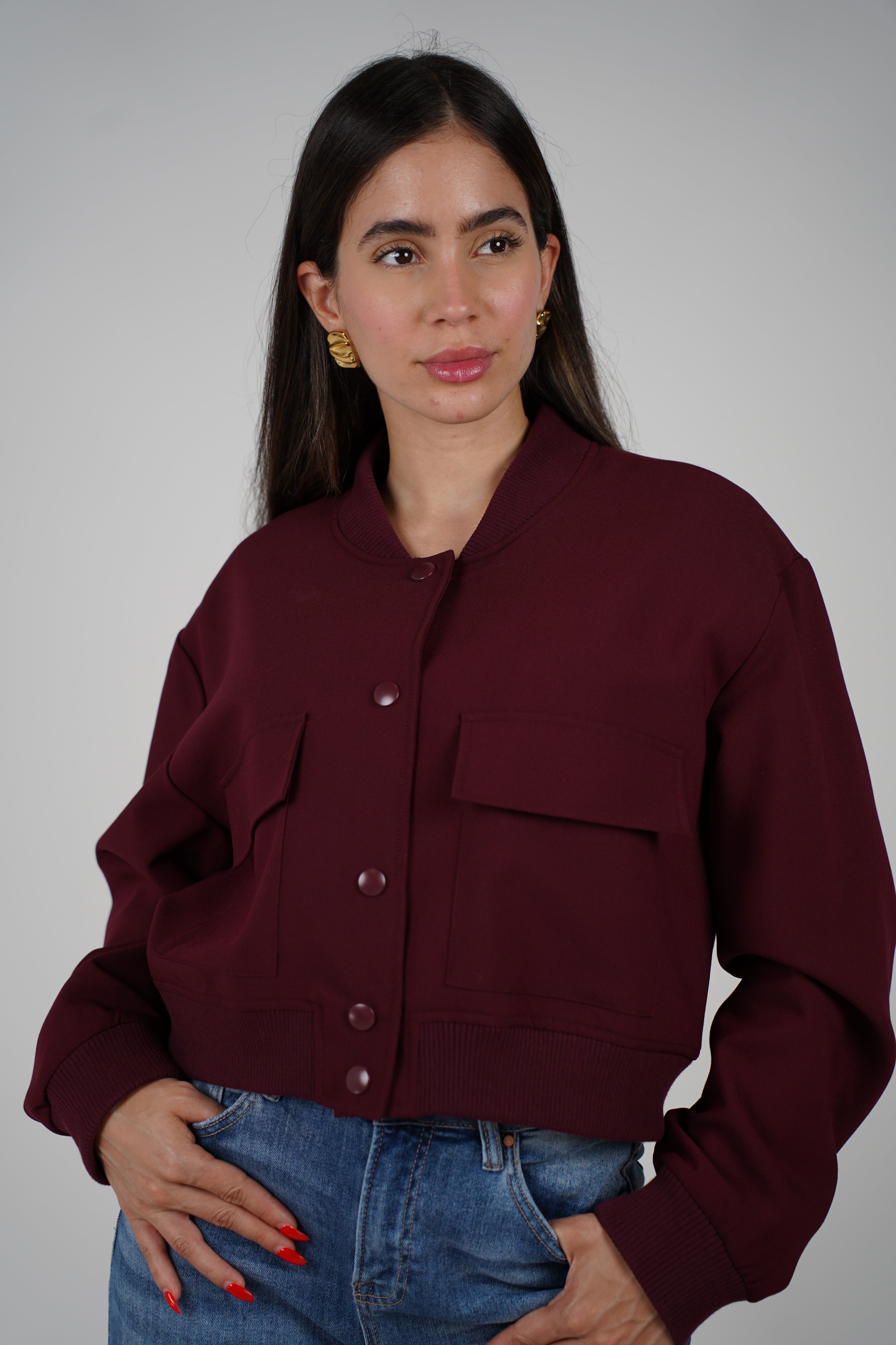 Grisselle Jacket – Structured Cropped Bomber in Deep Wine