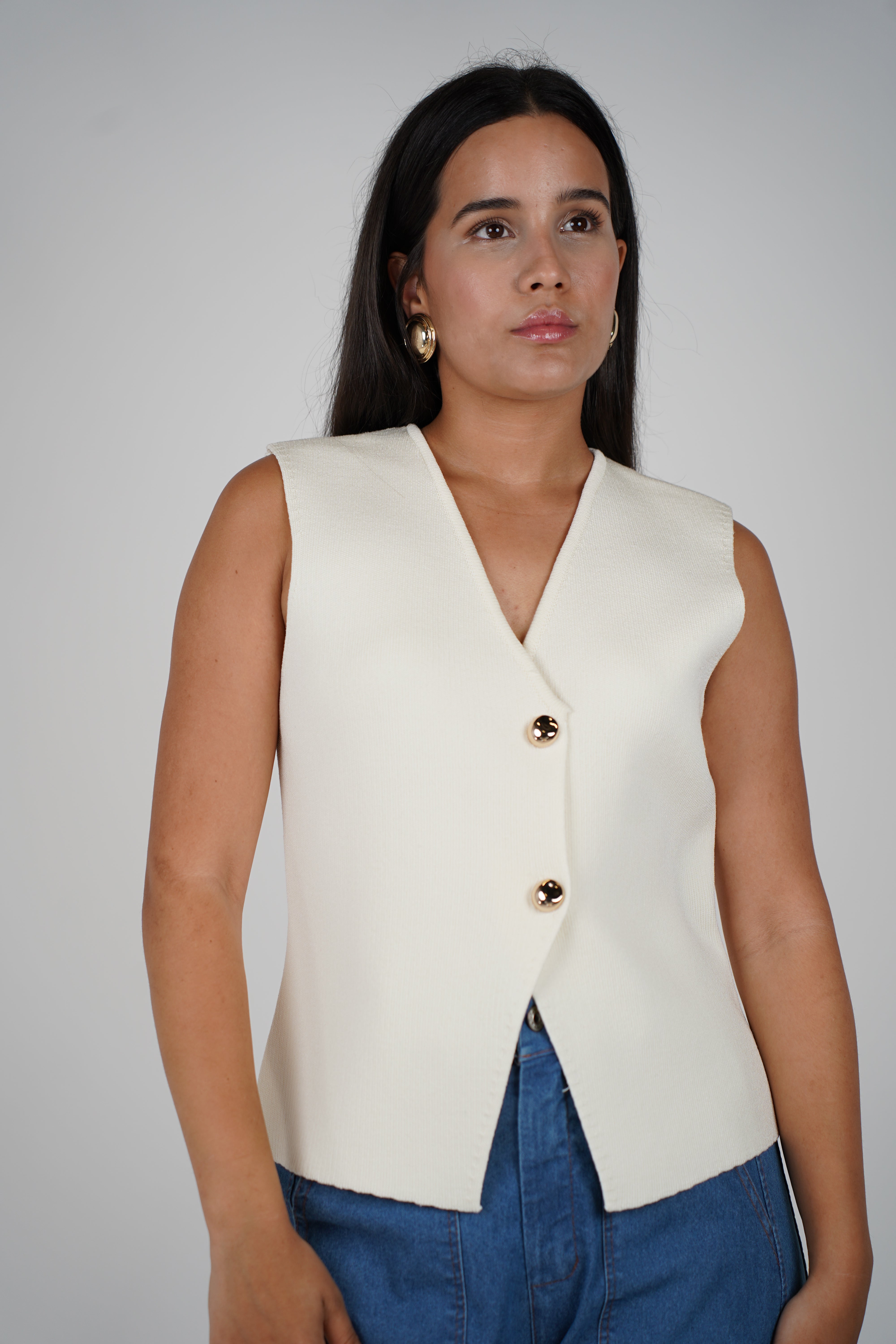 Selena Vest – Minimalist Knit in Cream with Gold Buttons