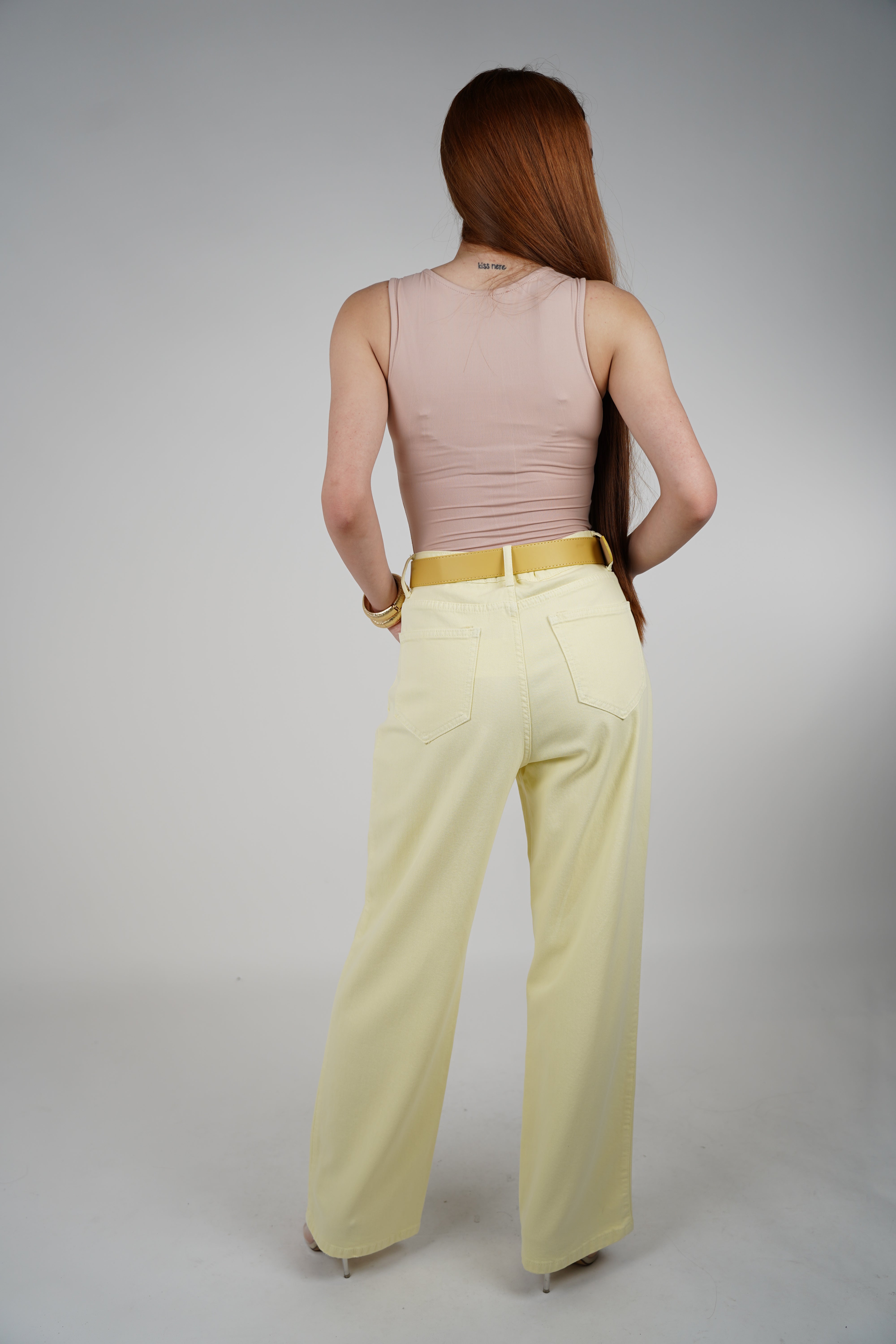 Muse Sunny Stretch Belted Jeans – Soft Yellow High-Rise with Statement Belt