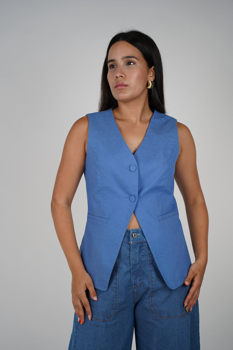 Liliana Linen Vest – Sleek Blue Vest with Modern Minimal Detail