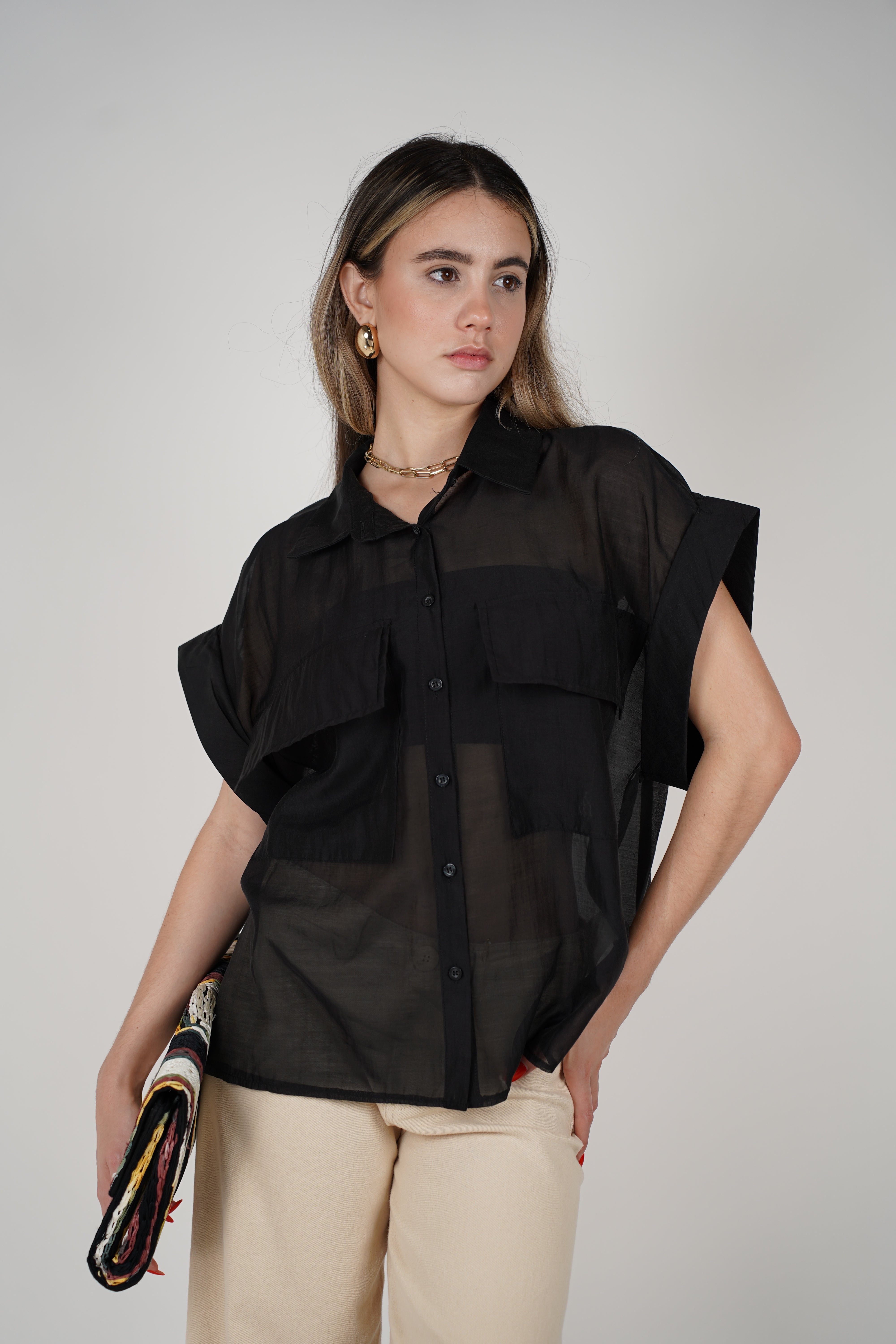 Talira Pockets Button Down – Lightweight Sheer Black Blouse
