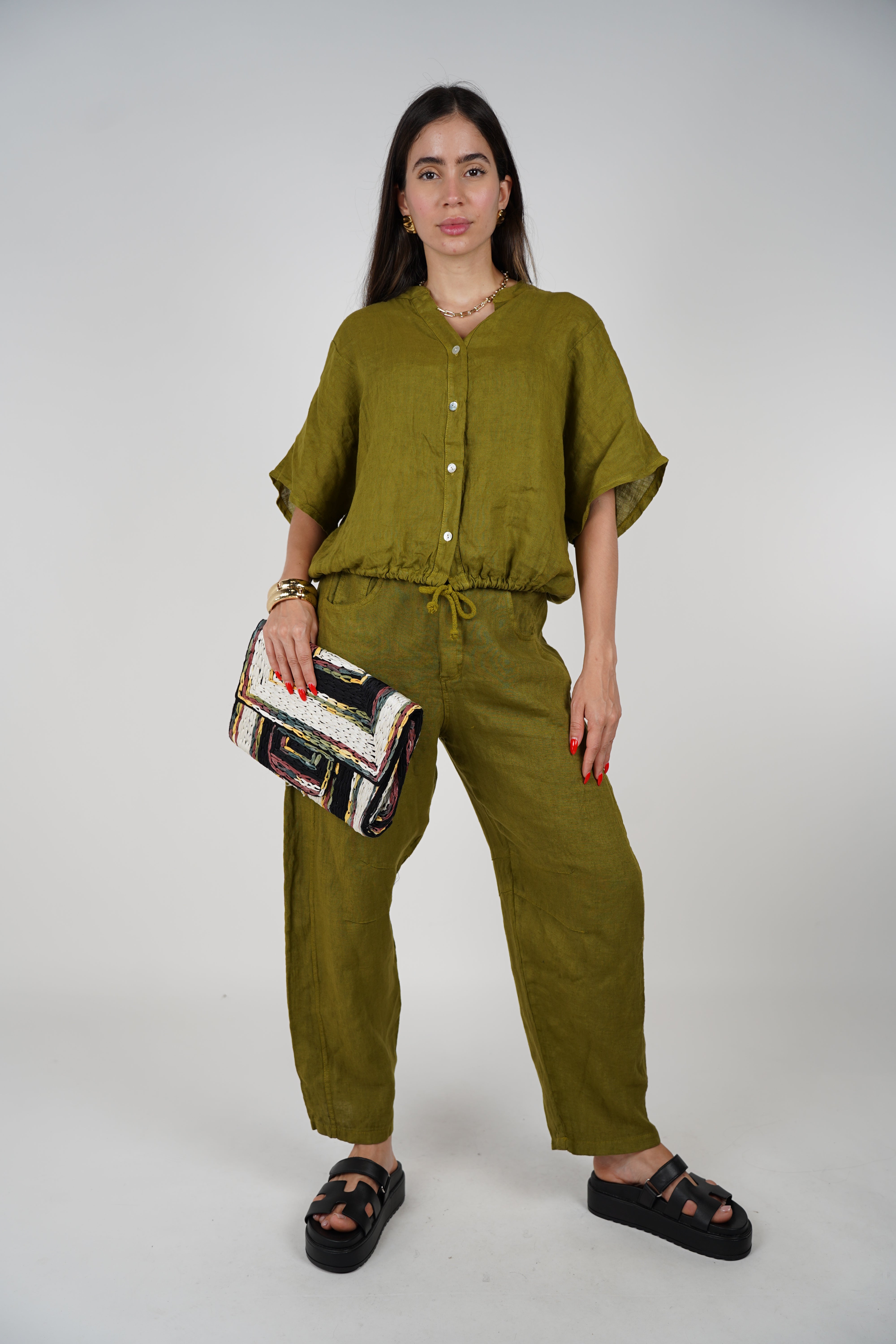 Kirelle Barrel Linen Pants – Relaxed Barrel-Leg Fit in Olive Green