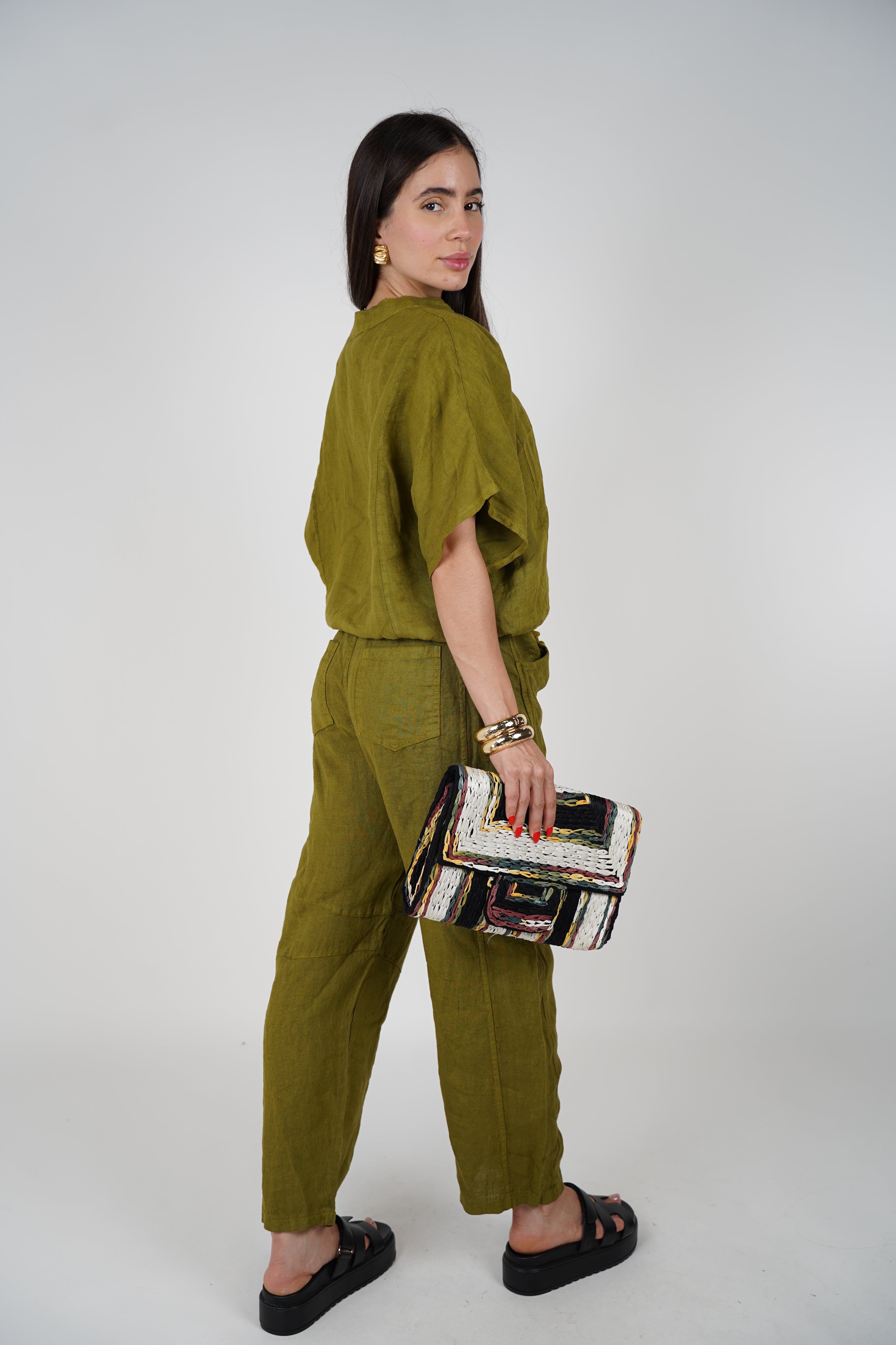 Kirelle Barrel Linen Pants – Relaxed Barrel-Leg Fit in Olive Green