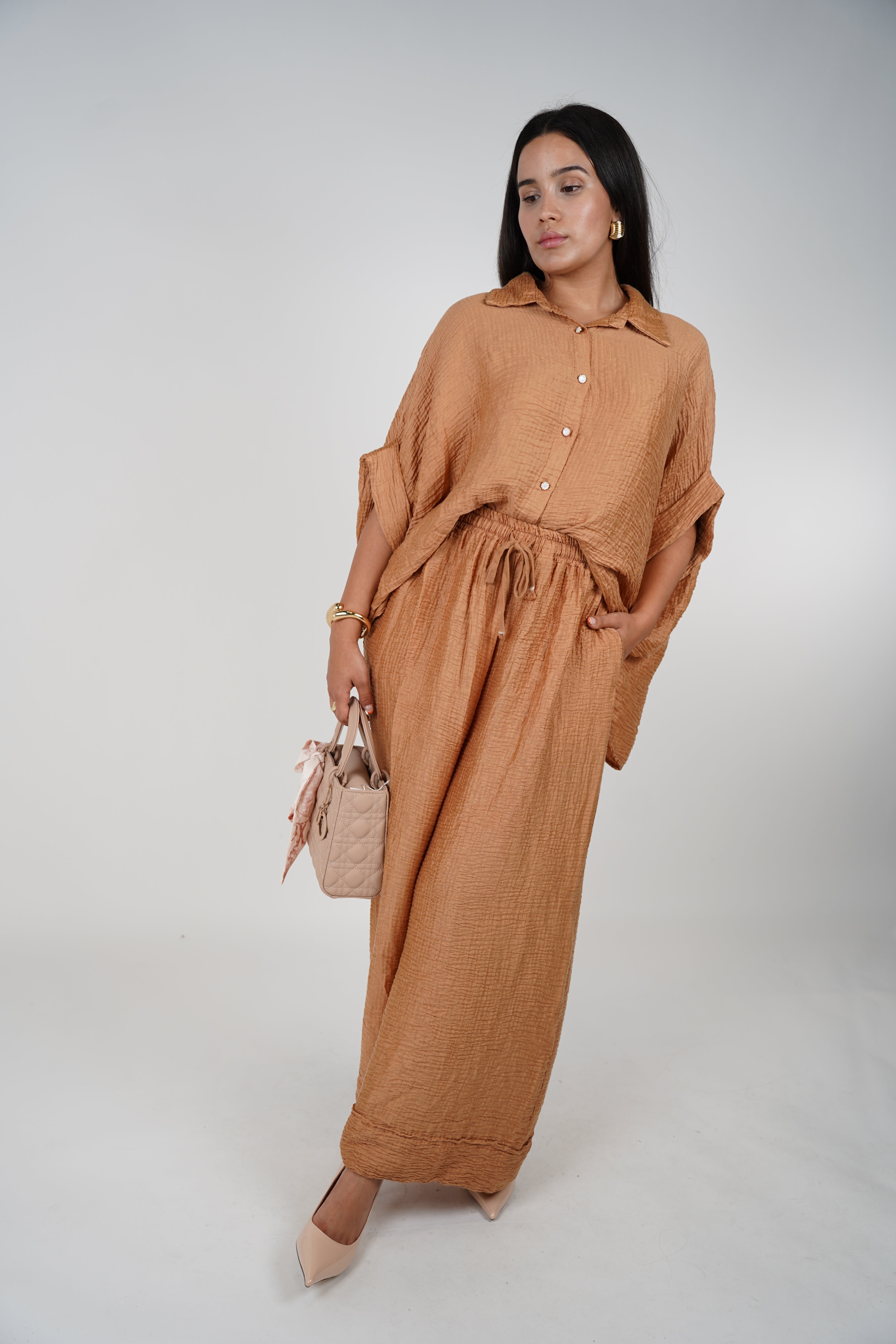 Evelyn Oversized Pants Set – Flowy Button Top & Wide-Leg Pants, One Size, Multiple Colors