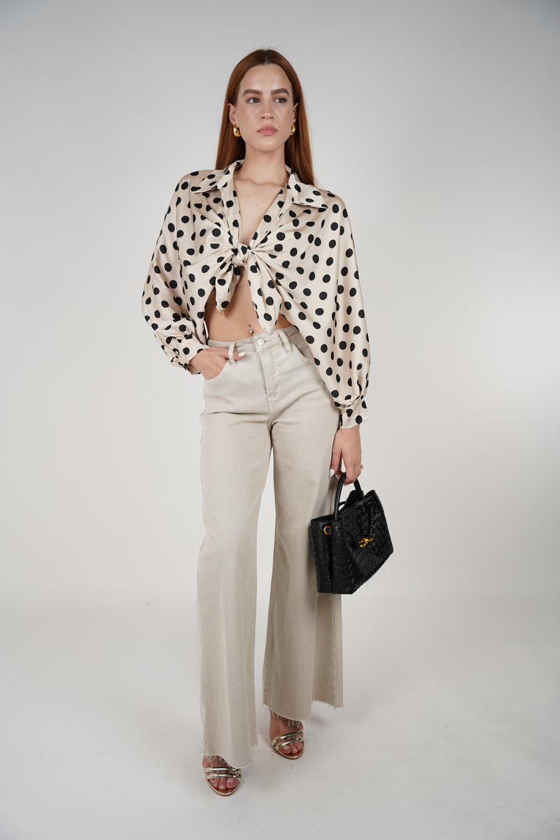 Agatha Polka Dotted Silk Blouse – Chic Satin Tie-Front Statement