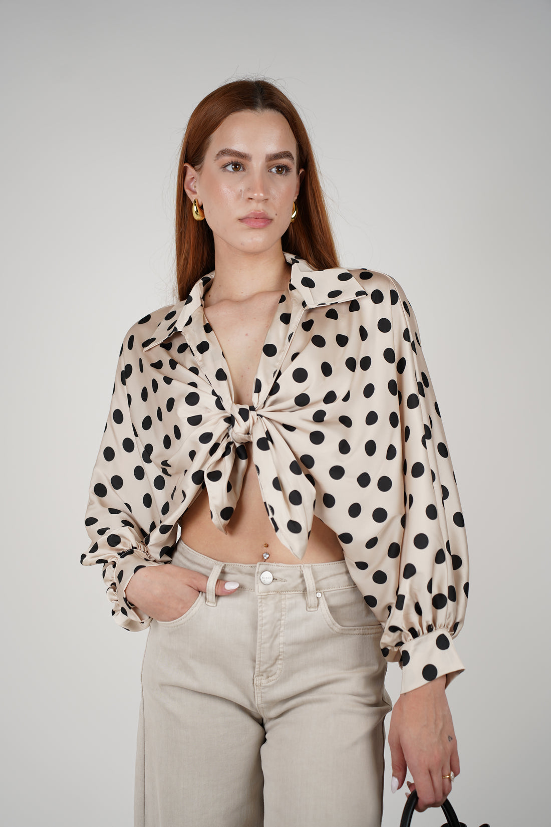 Agatha Polka Dotted Silk Blouse – Chic Satin Tie-Front Statement