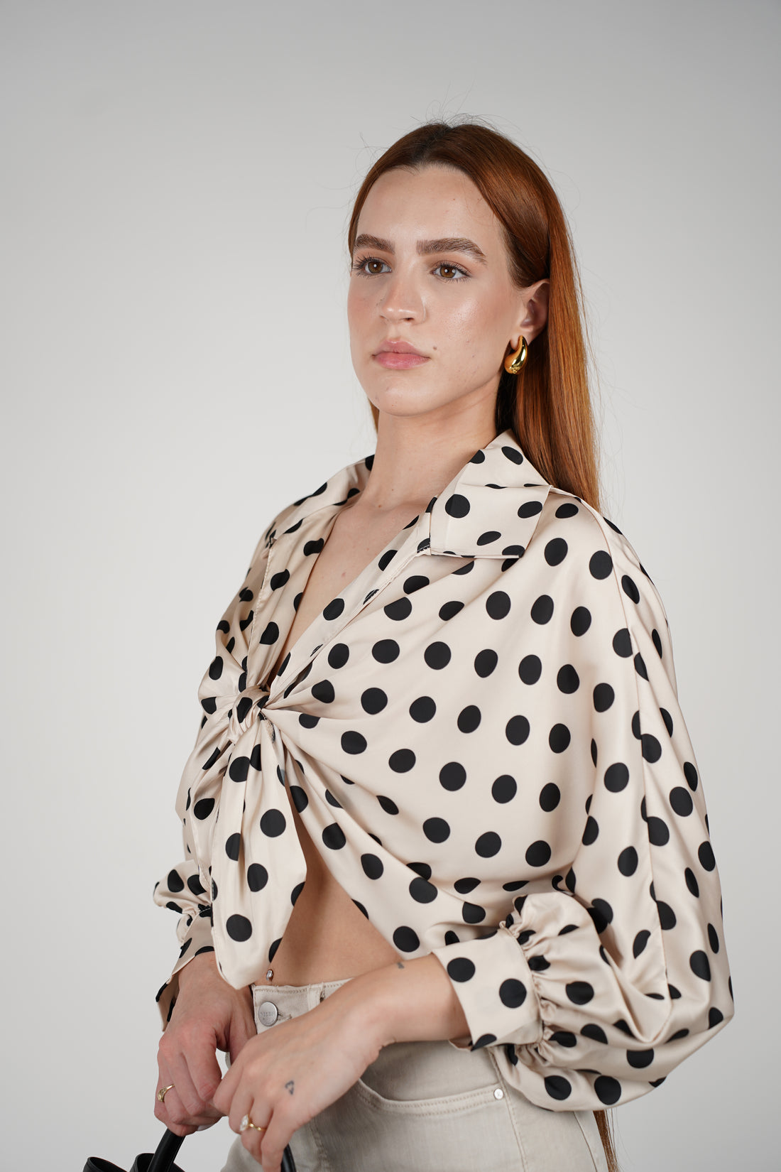 Agatha Polka Dotted Silk Blouse – Chic Satin Tie-Front Statement