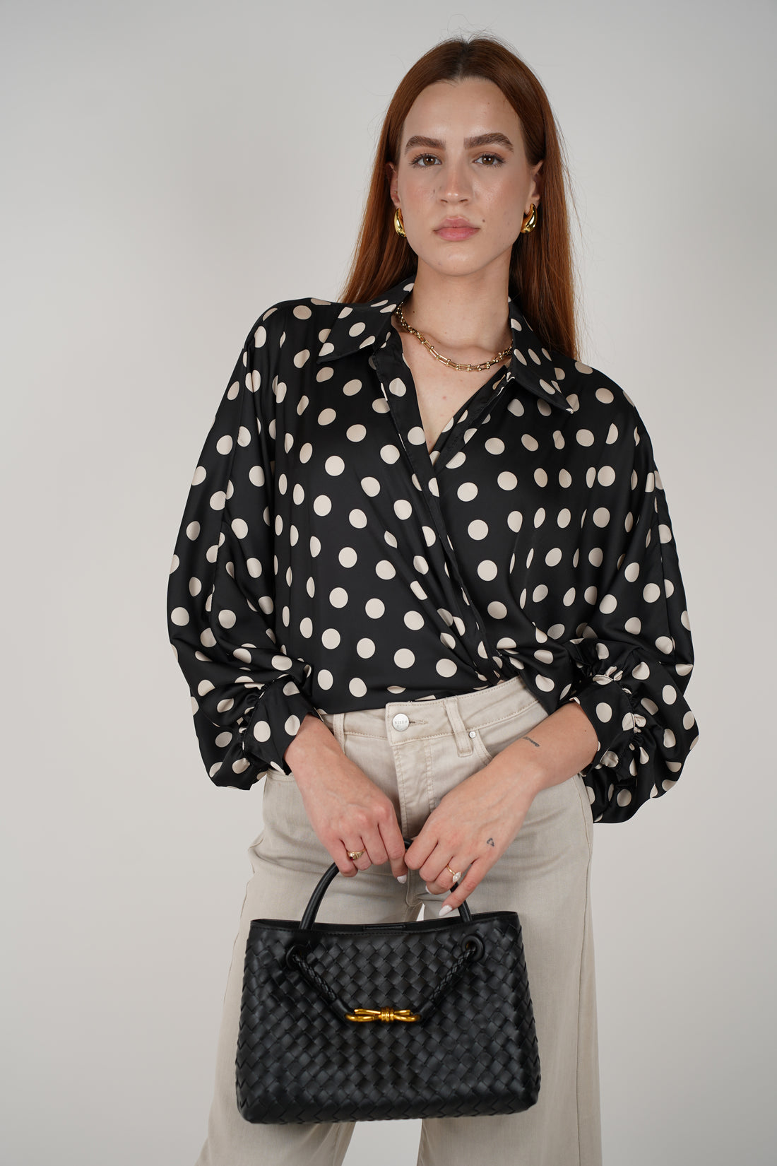 Agatha Polka Dotted Silk Blouse – Chic Satin Tie-Front Statement