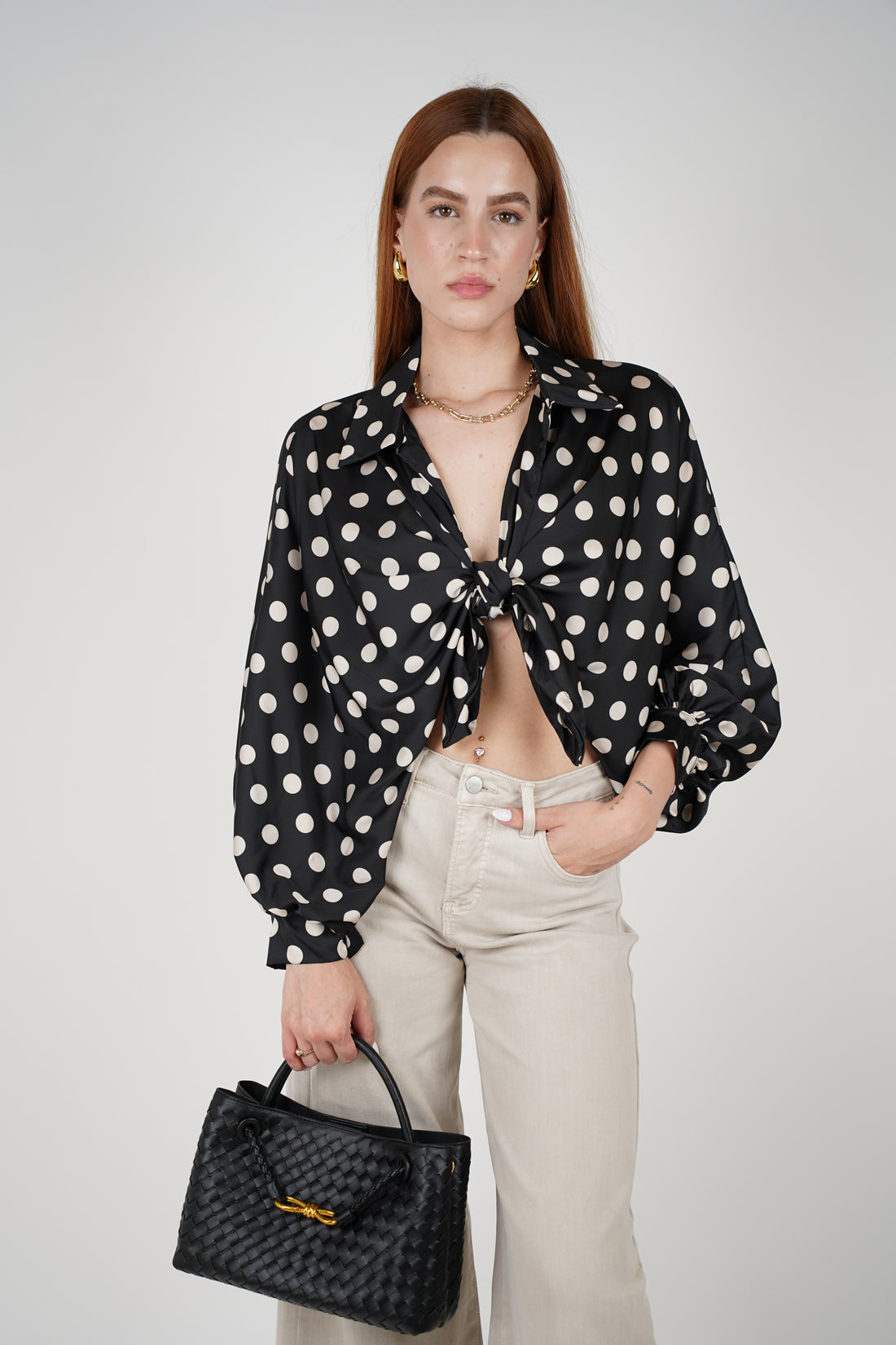 Agatha Polka Dotted Silk Blouse – Chic Satin Tie-Front Statement