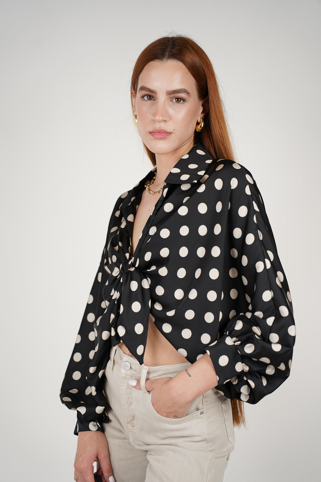 Agatha Polka Dotted Silk Blouse – Chic Satin Tie-Front Statement