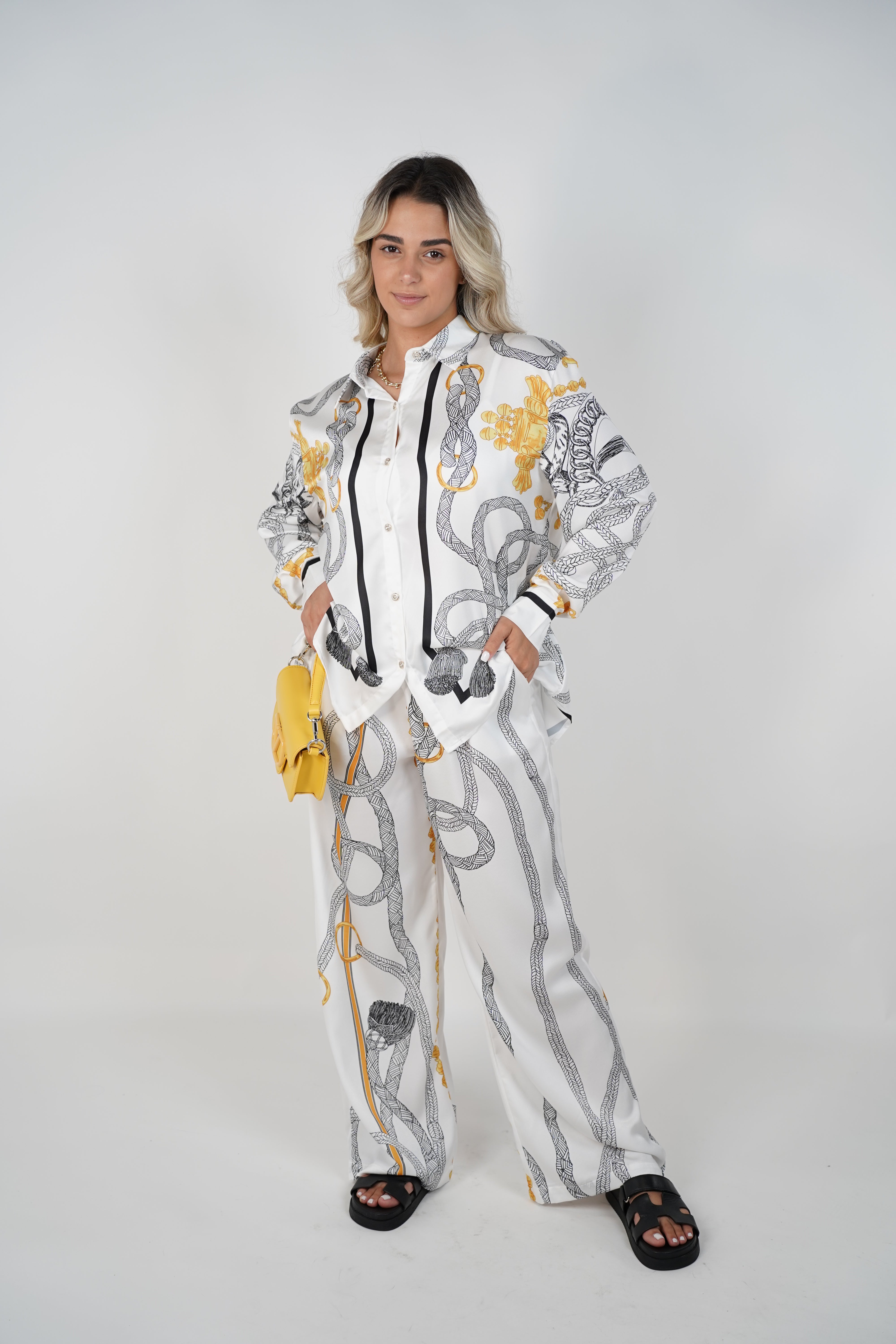 Kyria Chains Pants Set – Satin Button Down & Wide Leg Trousers