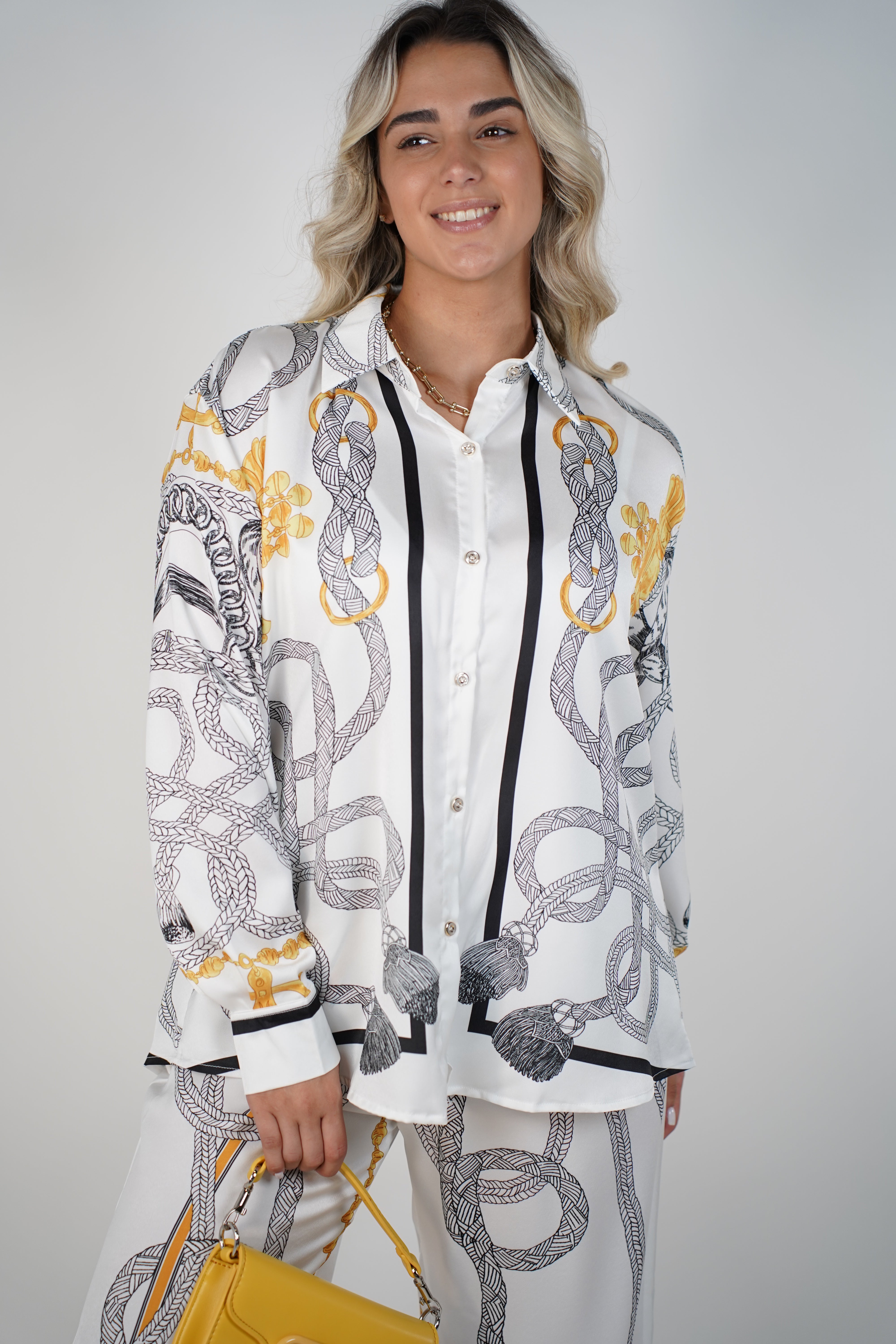 Kyria Chains Pants Set – Satin Button Down & Wide Leg Trousers