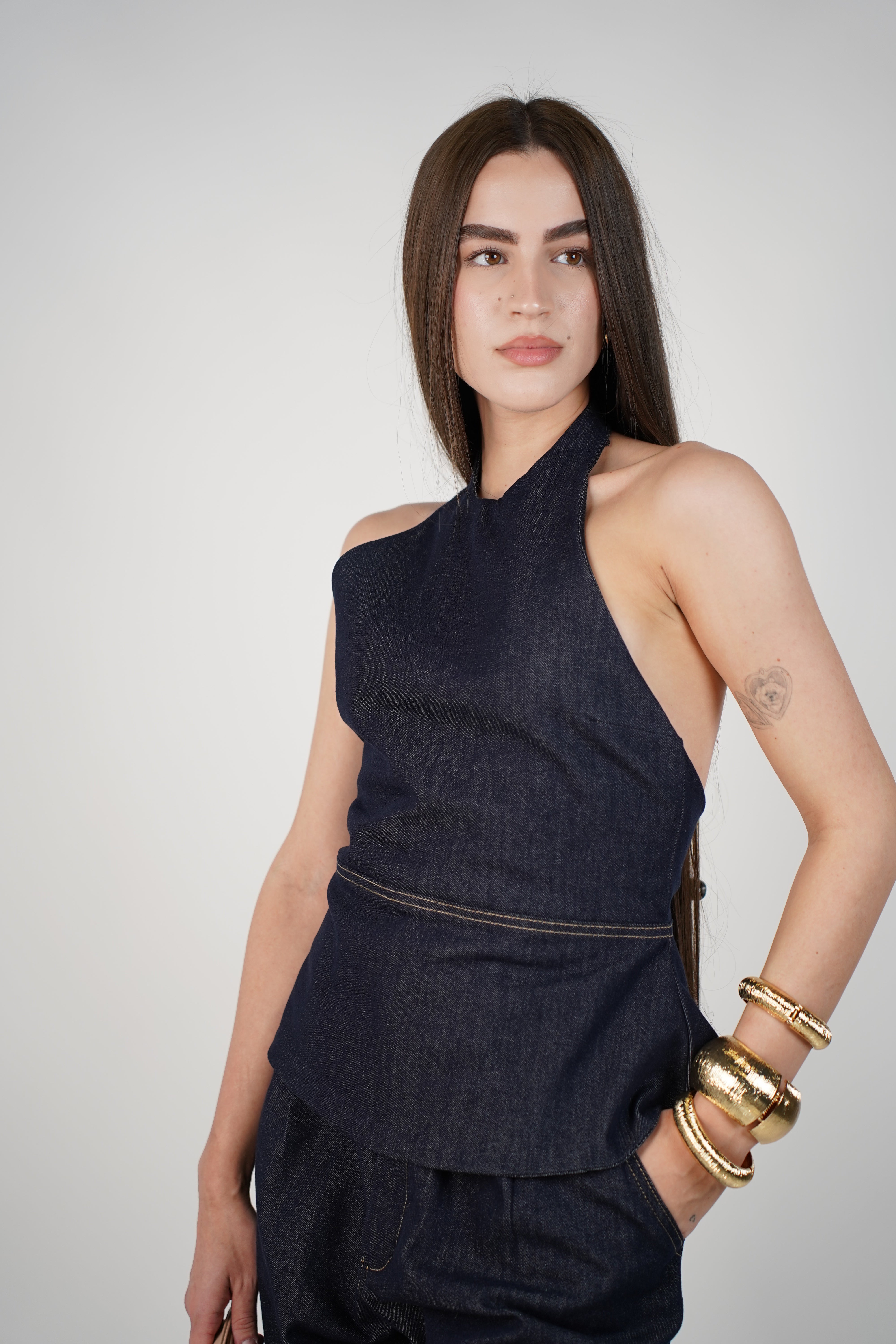 Revia Denim Pants Set – Dark Wash Halter Top & Barrel Leg Trousers