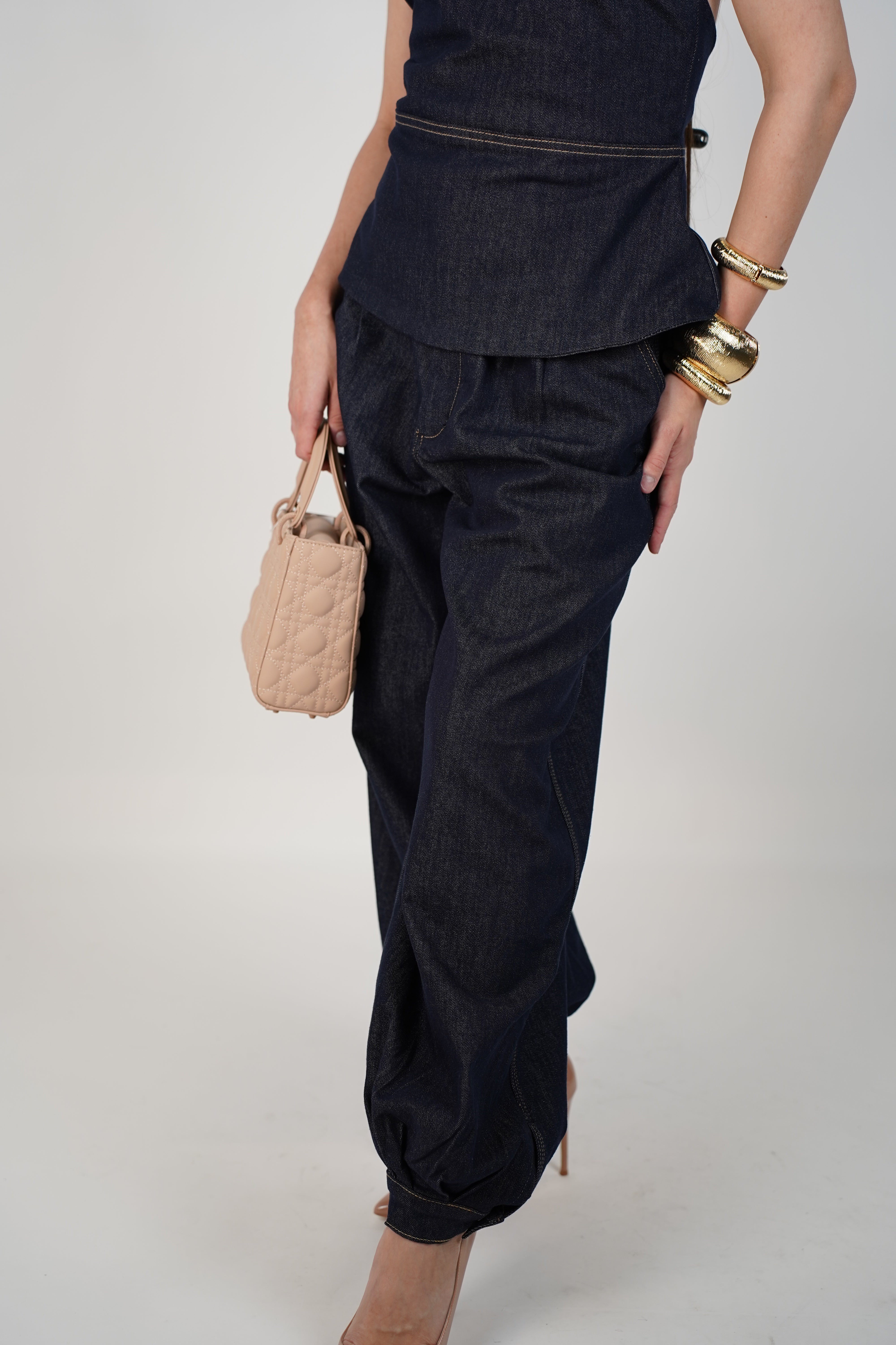 Revia Denim Pants Set – Dark Wash Halter Top & Barrel Leg Trousers