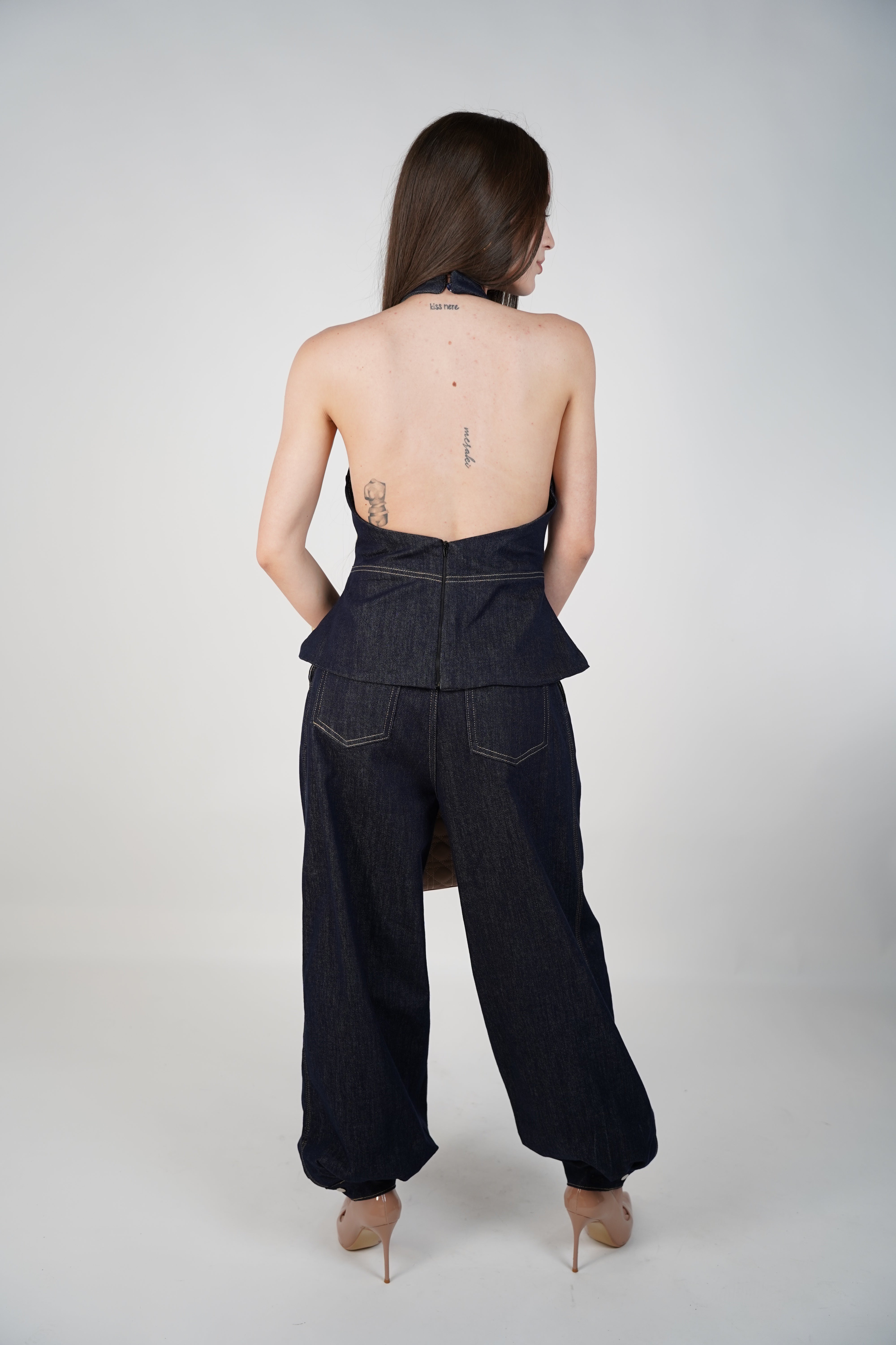 Revia Denim Pants Set – Dark Wash Halter Top & Barrel Leg Trousers