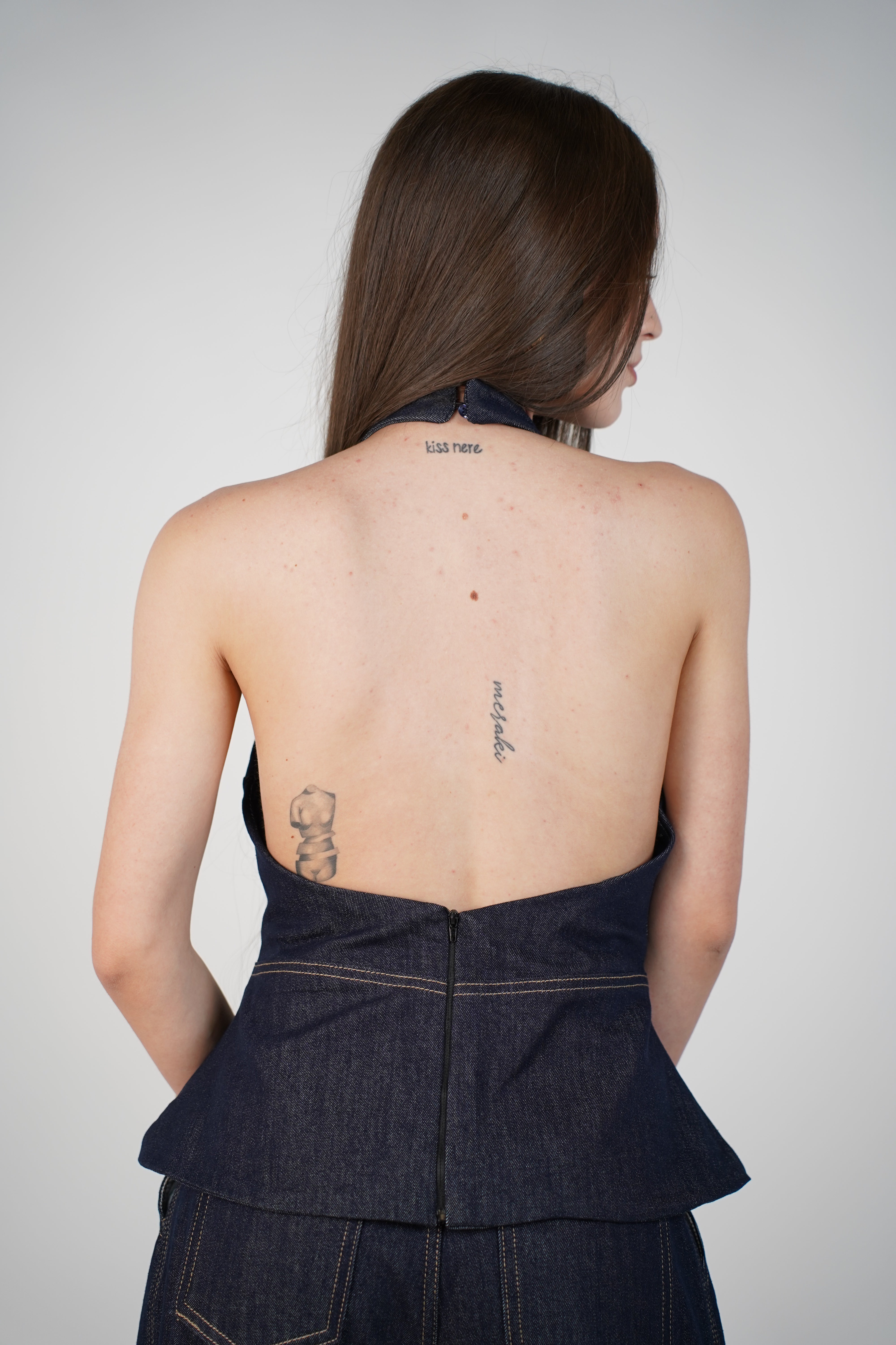 Revia Denim Pants Set – Dark Wash Halter Top & Barrel Leg Trousers