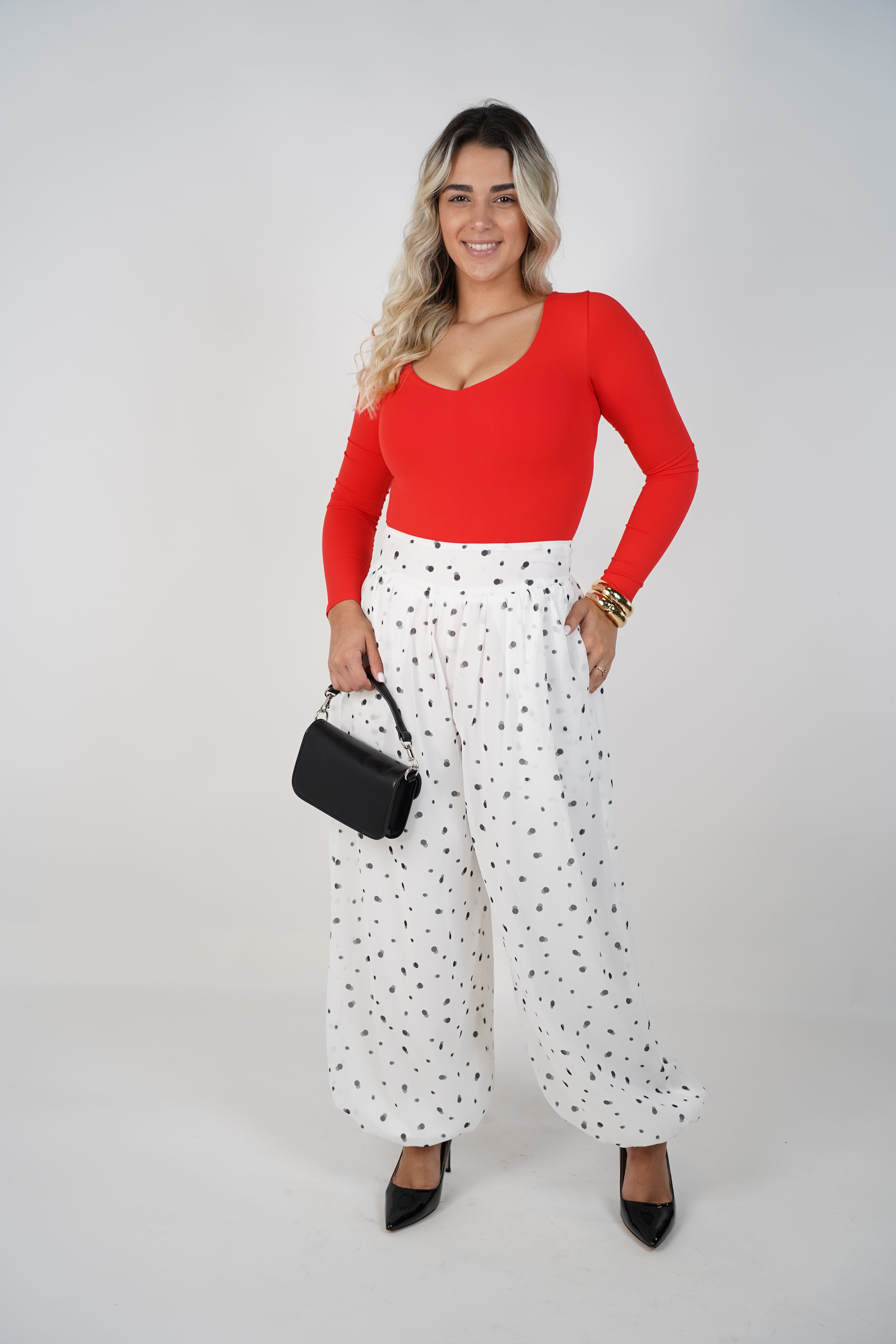 Firaye Polka Dot Aladdin Joggers – Effortless Comfort with Chic Playfulness