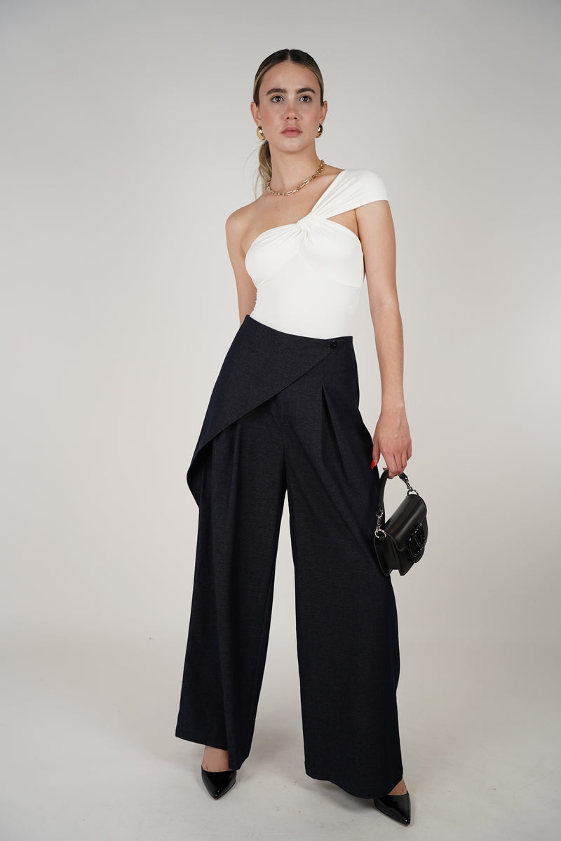 Femme Denim Asymmetrical Wrap Front Wide-Leg Pants – Chic Structure with a Modern Twist