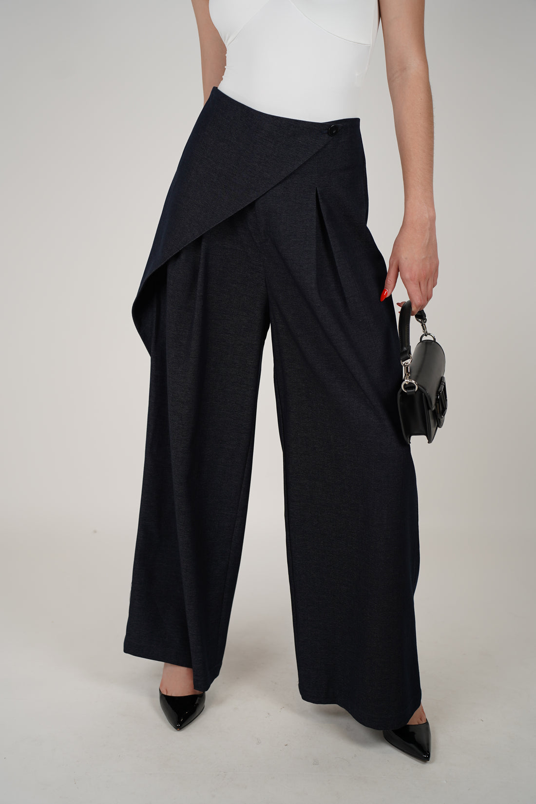 Femme Denim Asymmetrical Wrap Front Wide-Leg Pants – Chic Structure with a Modern Twist