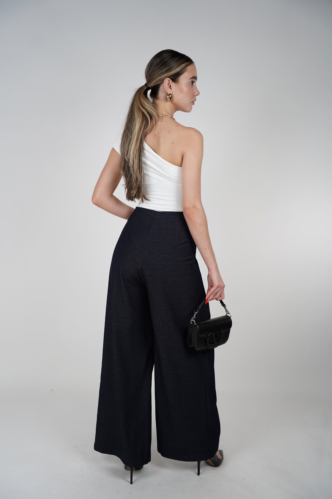 Femme Denim Asymmetrical Wrap Front Wide-Leg Pants – Chic Structure with a Modern Twist
