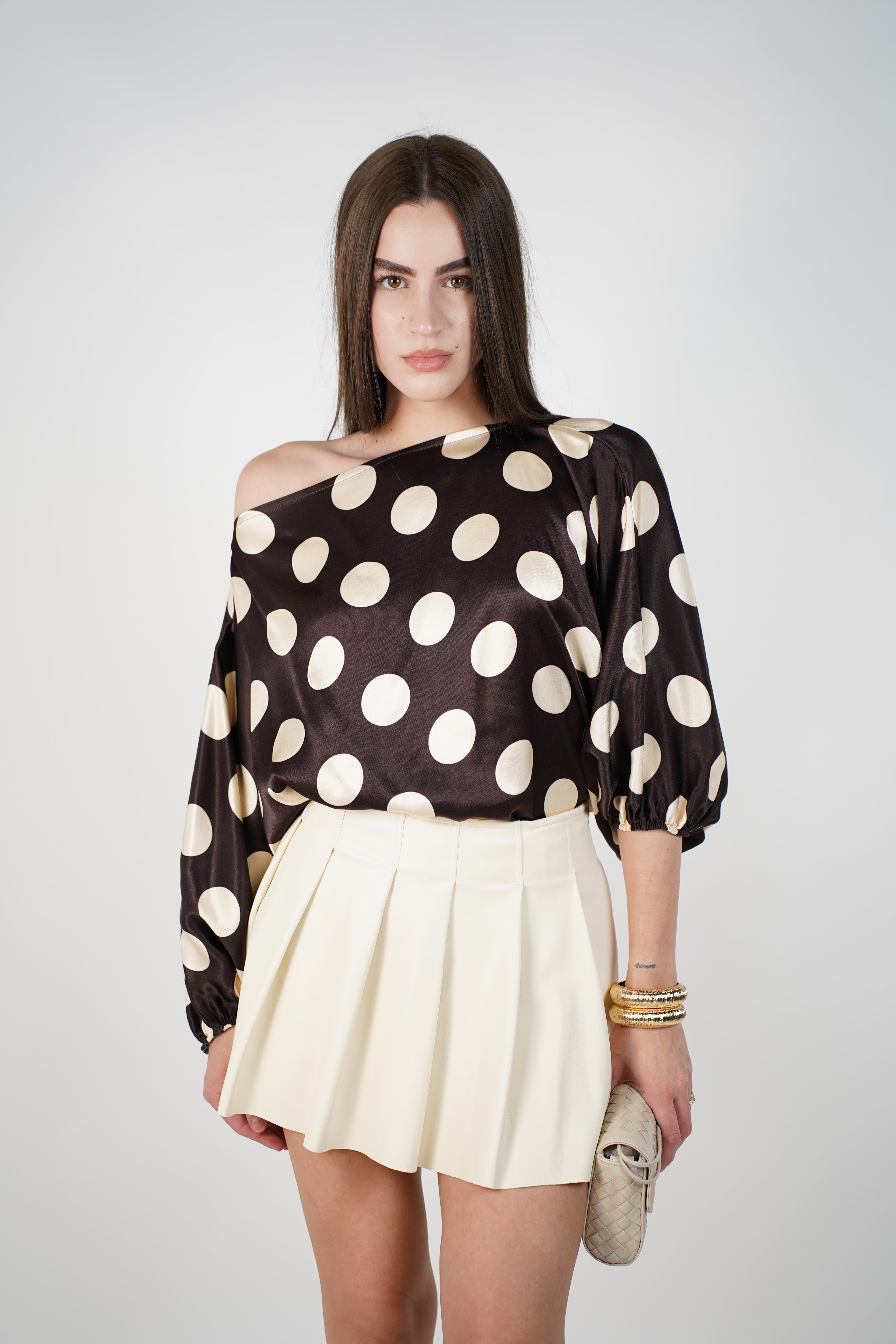 Avira Polka Dot Blouse – Satin Off-Shoulder Statement Top