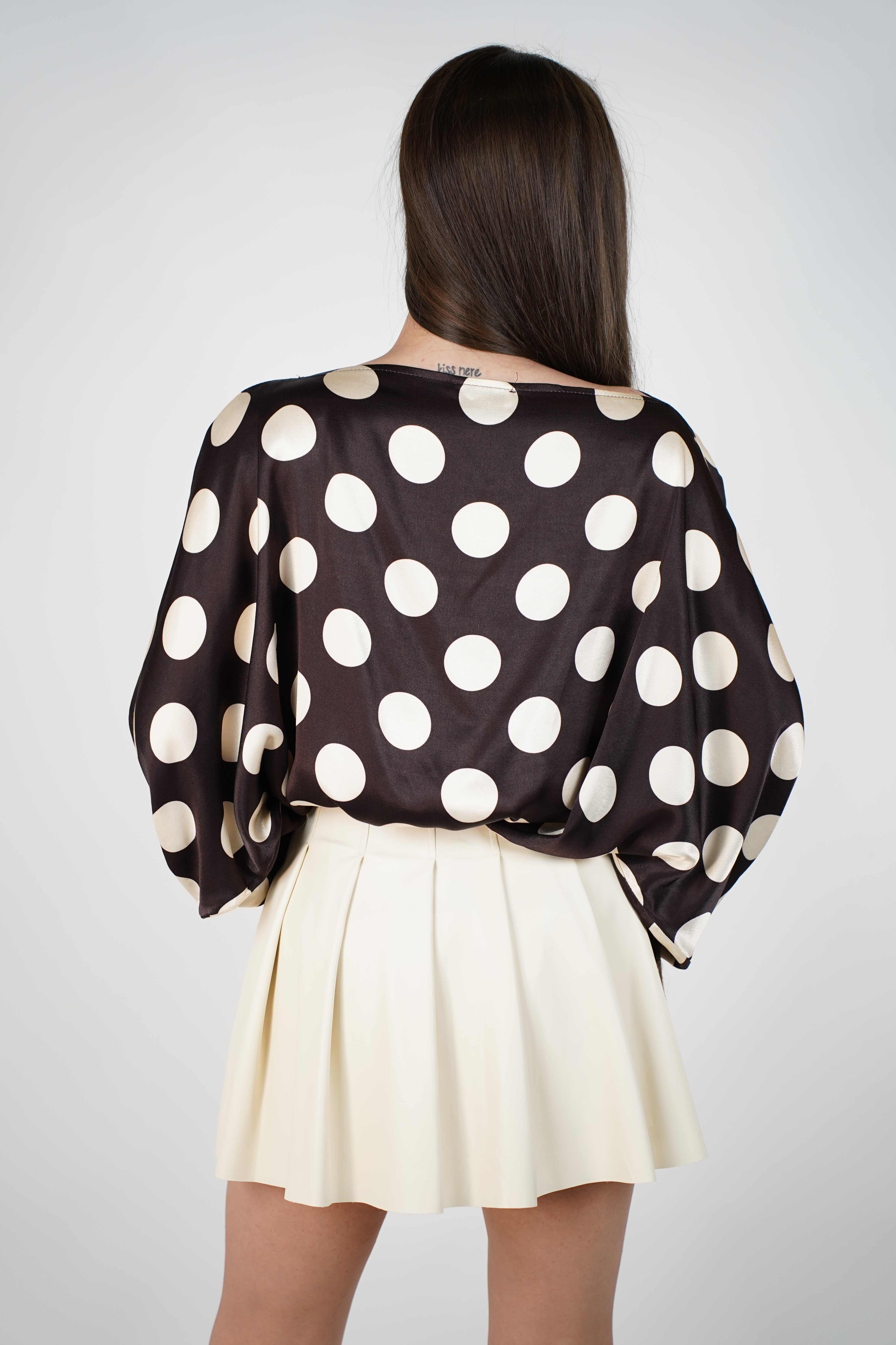 Avira Polka Dot Blouse – Satin Off-Shoulder Statement Top