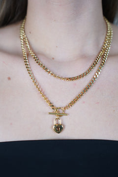 Calie Heart Lock Necklace – Layered Curb Chain with Toggle & Heart Pendant