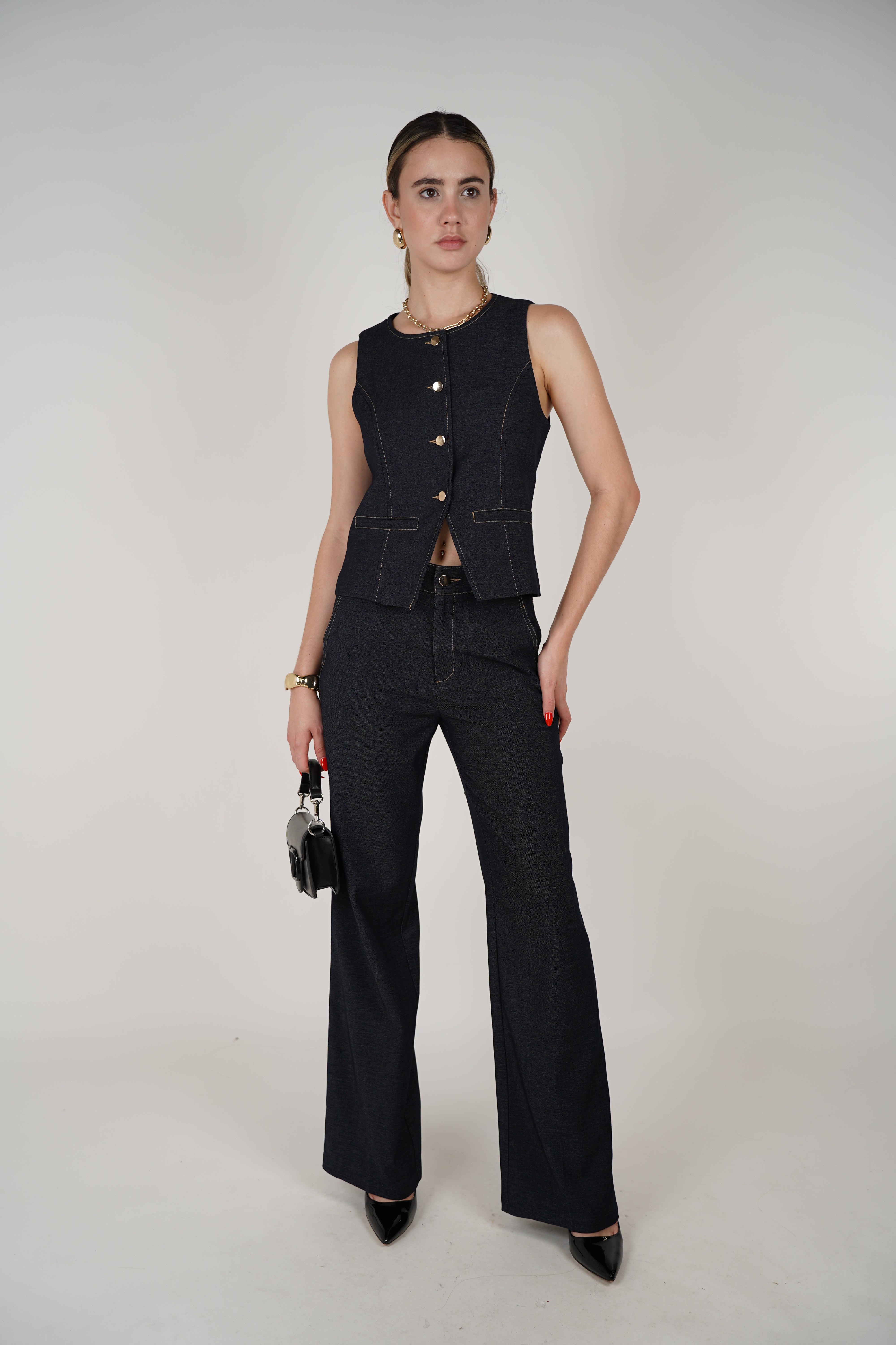 Collins Denim Set – Sleek Dark Wash Vest & Wide-Leg Pant Duo