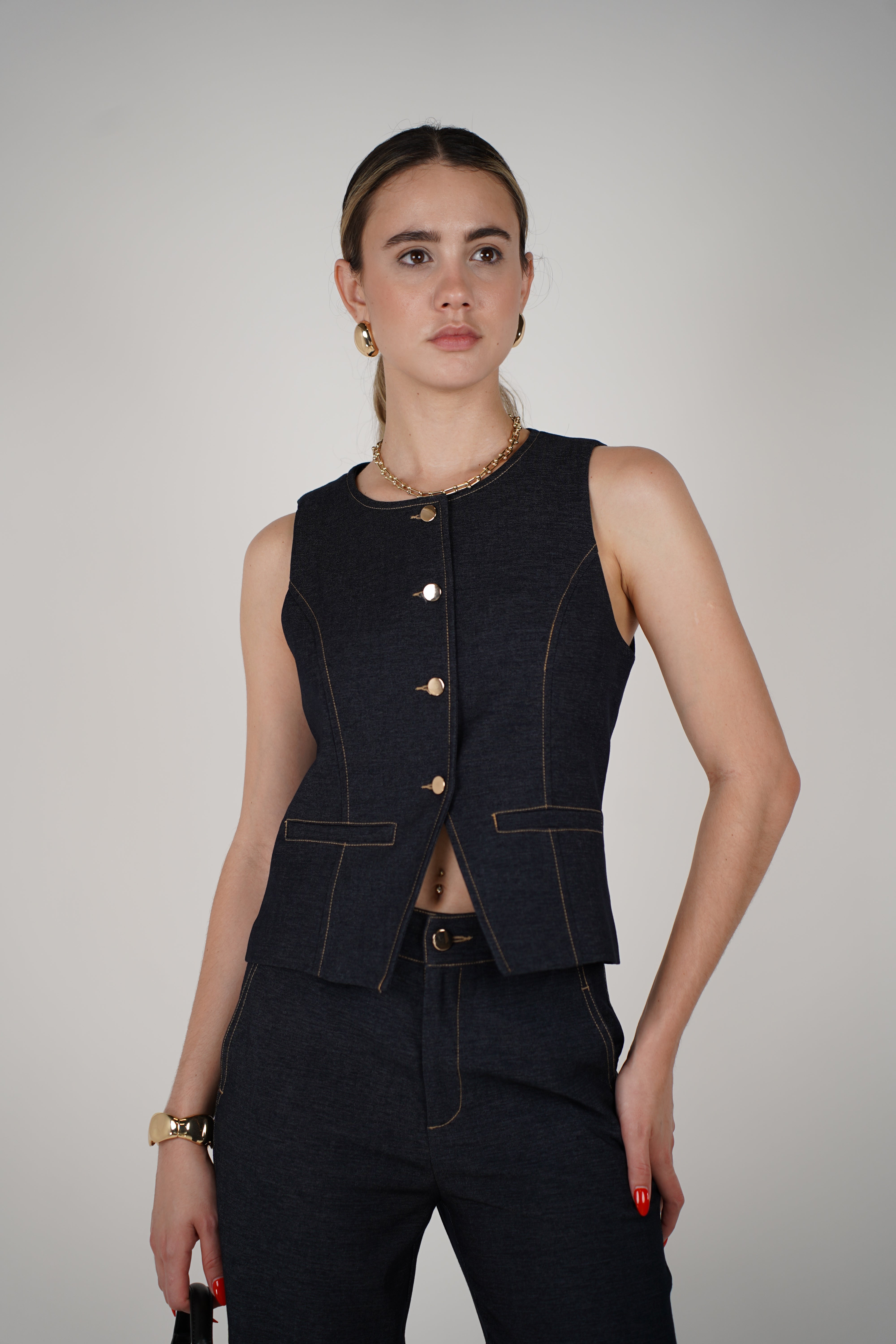 Collins Denim Set – Sleek Dark Wash Vest & Wide-Leg Pant Duo