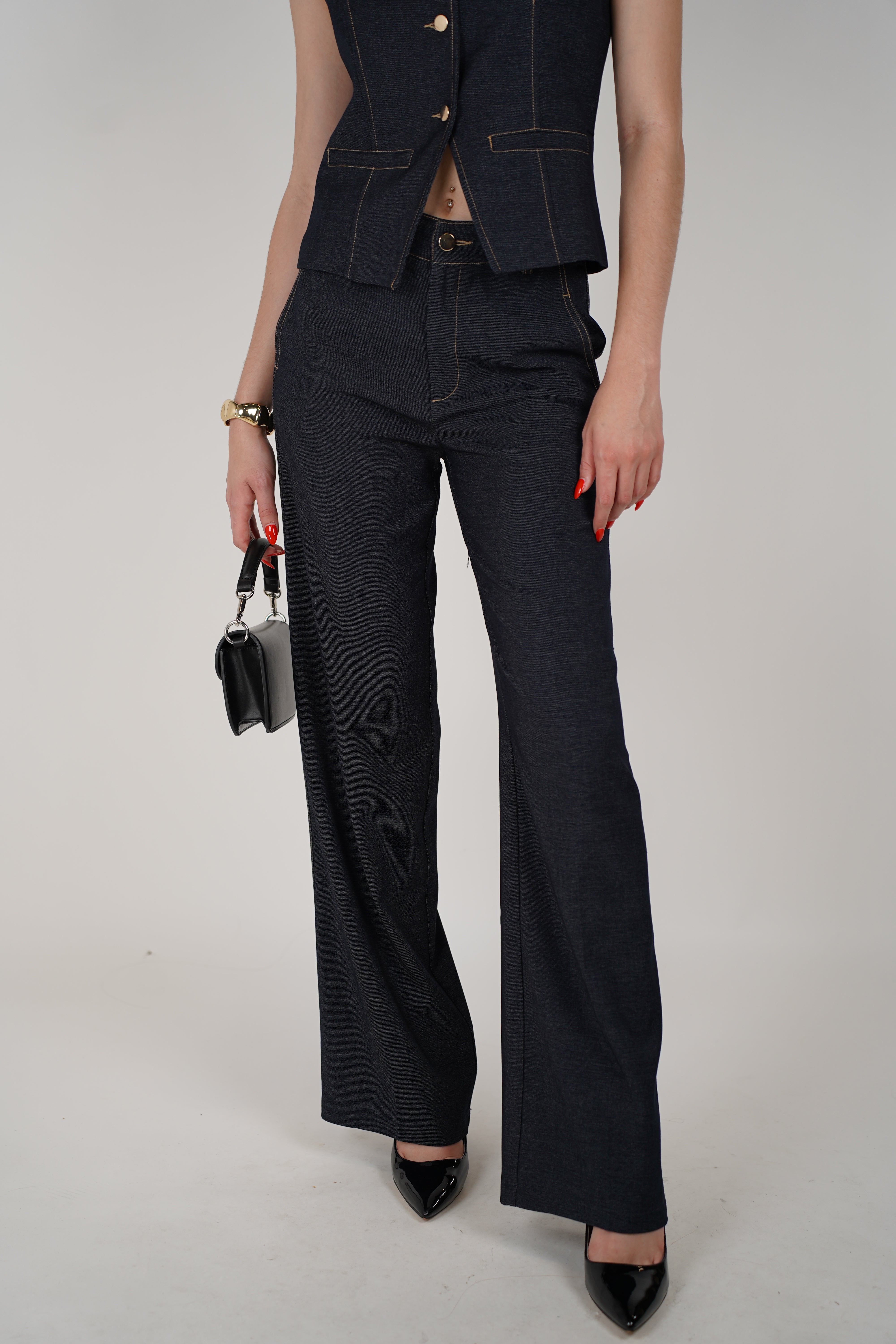 Collins Denim Set – Sleek Dark Wash Vest & Wide-Leg Pant Duo