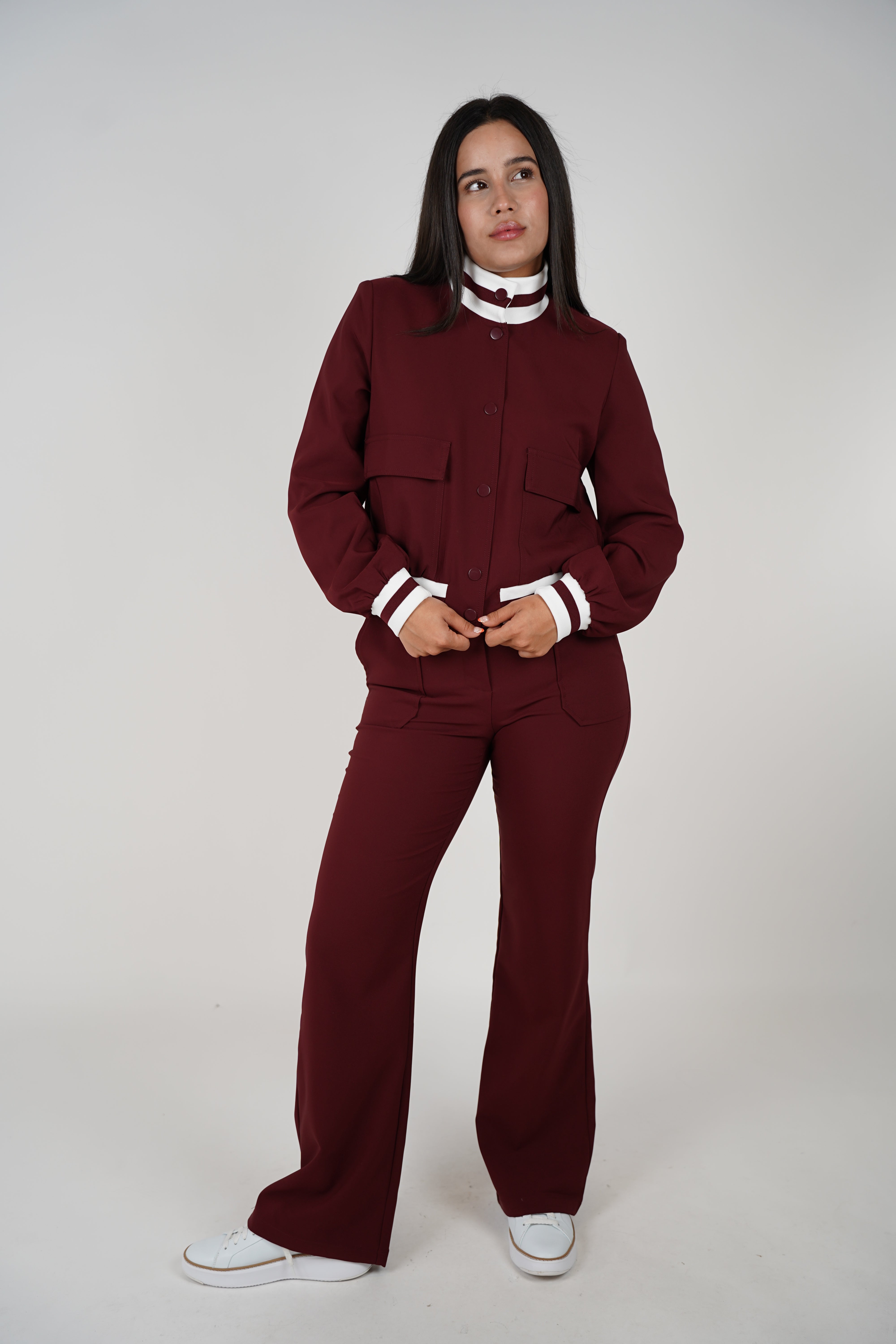 Harela Pants Set – Sporty Maroon Jacket & Matching Wide-Leg Bottoms