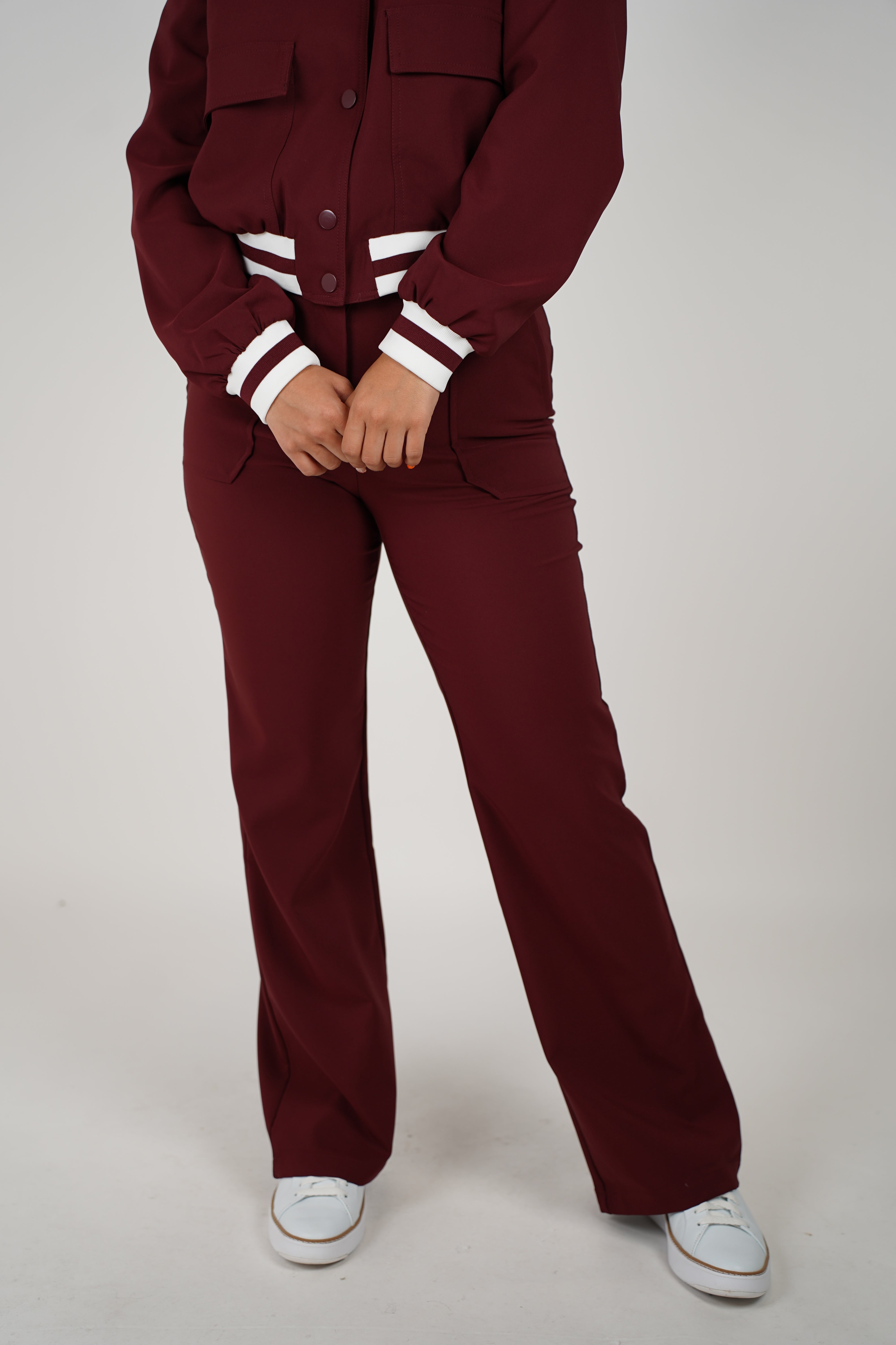 Harela Pants Set – Sporty Maroon Jacket & Matching Wide-Leg Bottoms