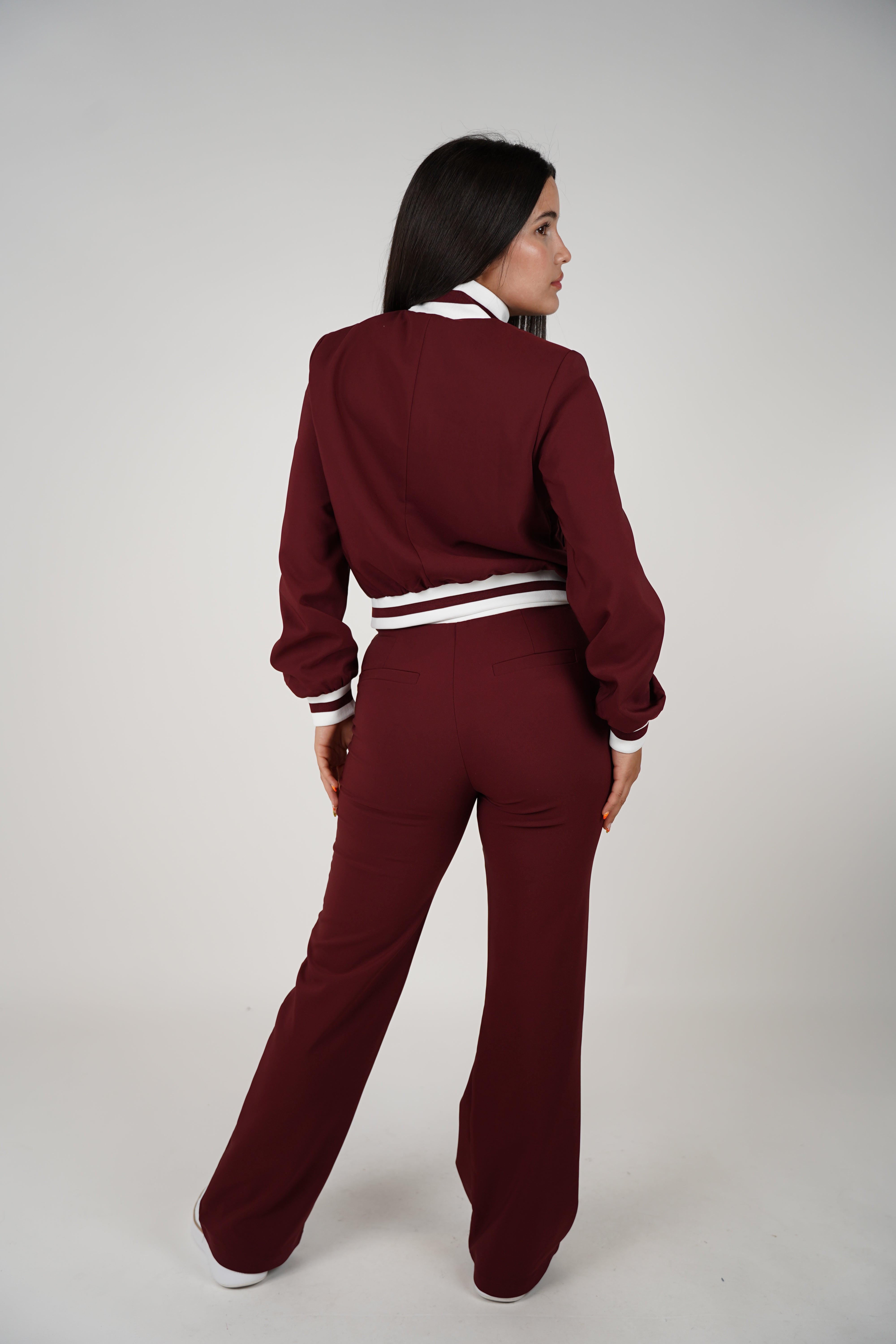 Harela Pants Set – Sporty Maroon Jacket & Matching Wide-Leg Bottoms