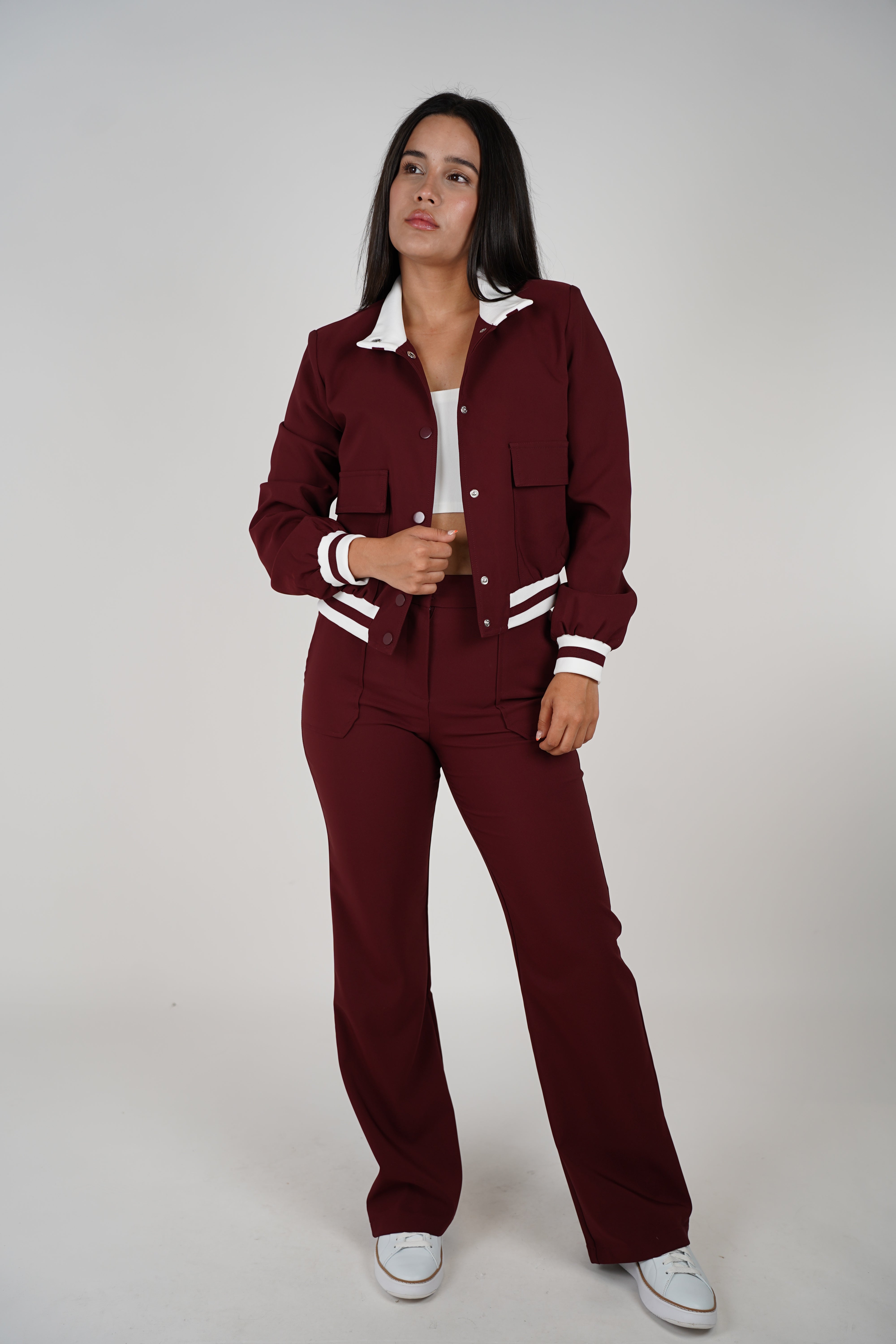 Harela Pants Set – Sporty Maroon Jacket & Matching Wide-Leg Bottoms