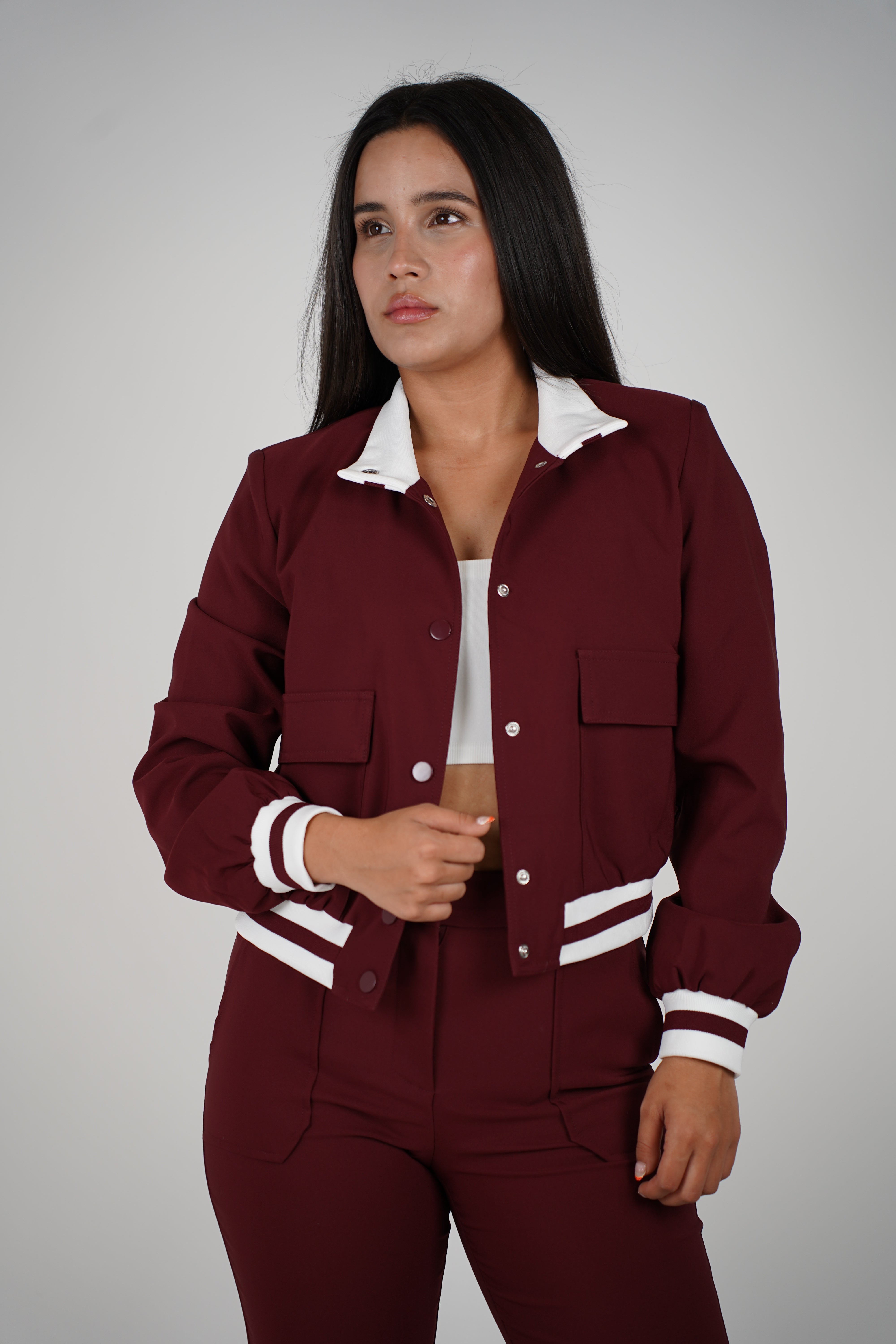 Harela Pants Set – Sporty Maroon Jacket & Matching Wide-Leg Bottoms