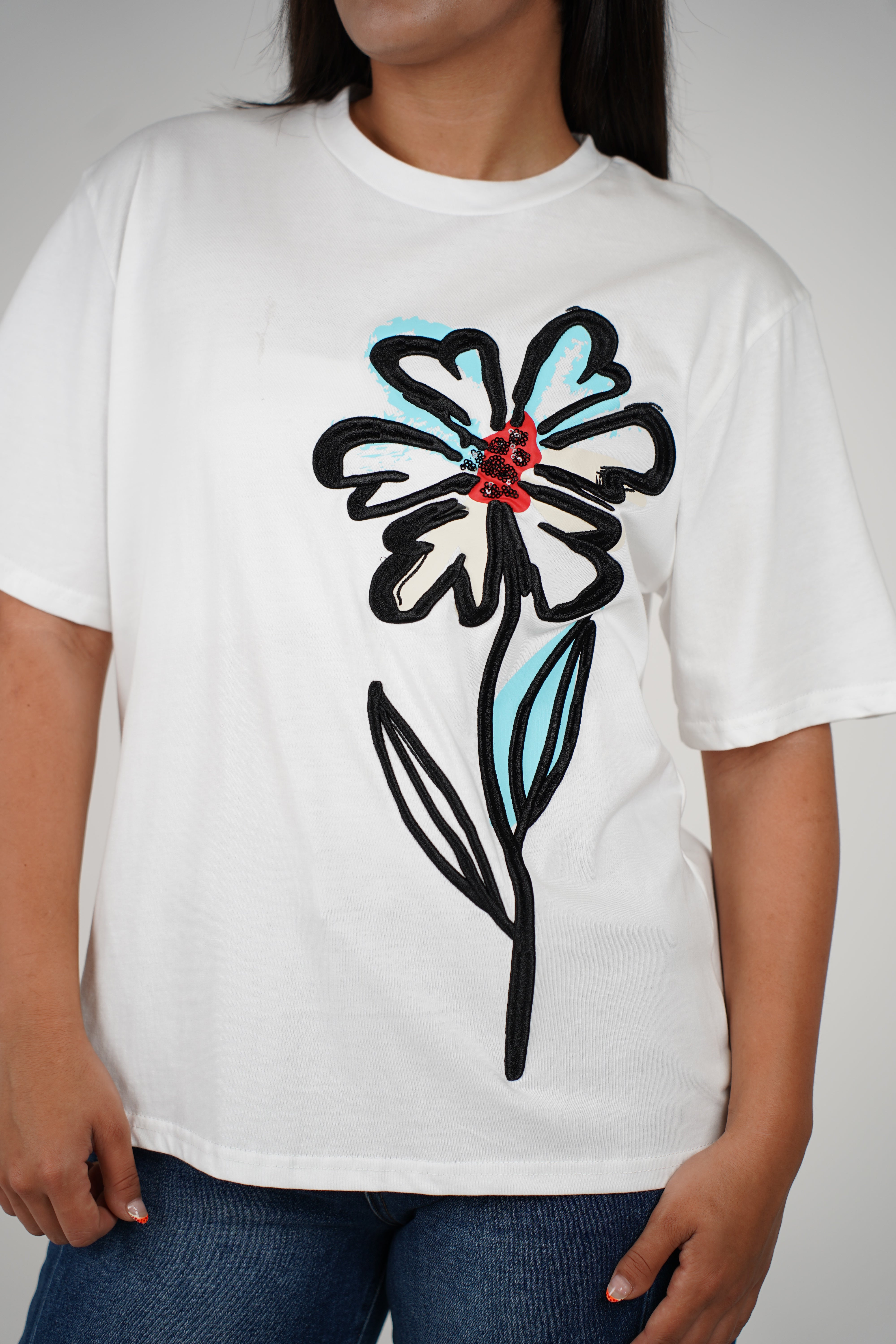 Zireya Flower Shirt – Bold Graphic Tee with Playful Embroidery
