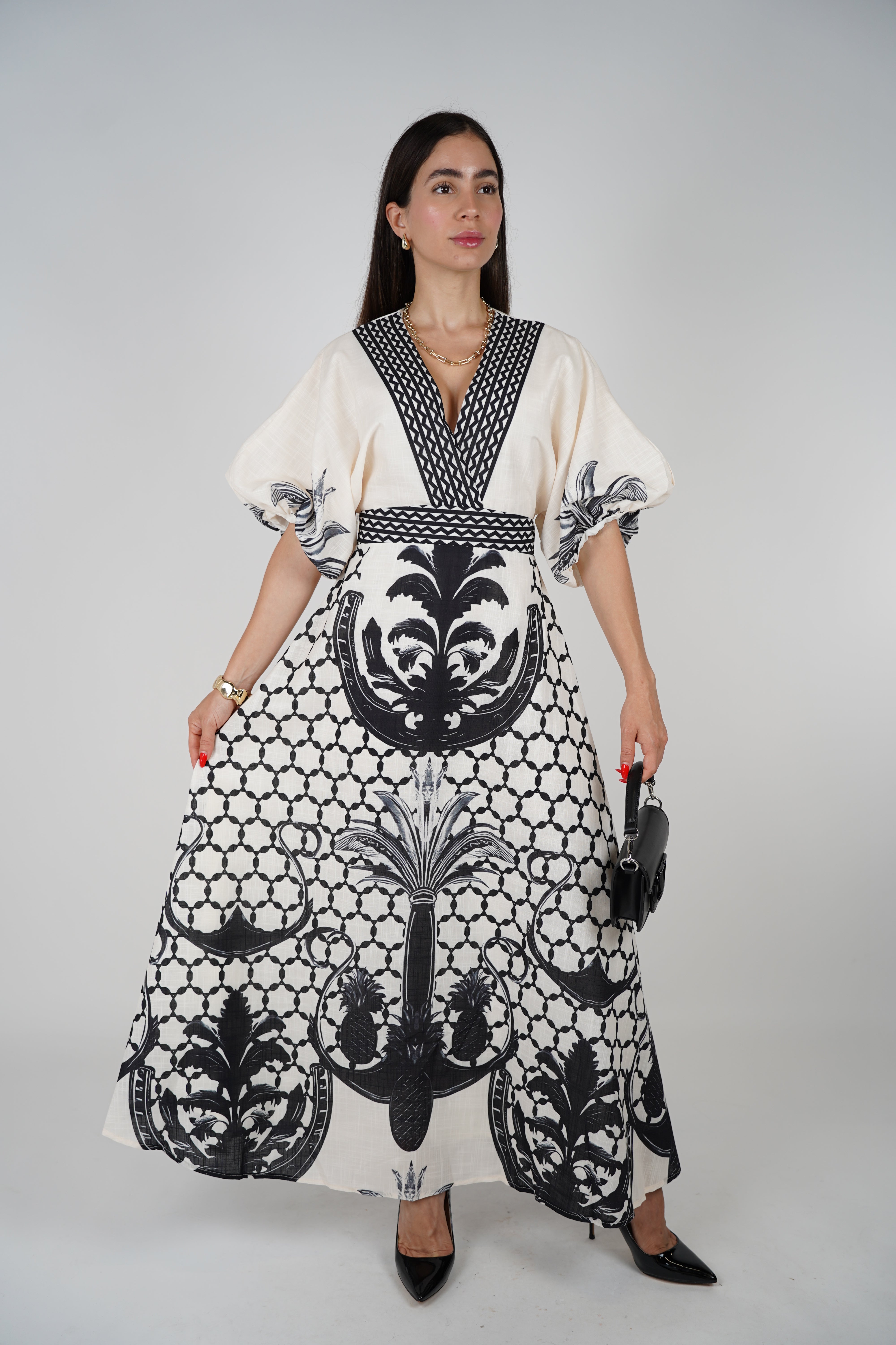 Voreya Stamped Maxi Dress – Statement Black & White Resort Silhouette