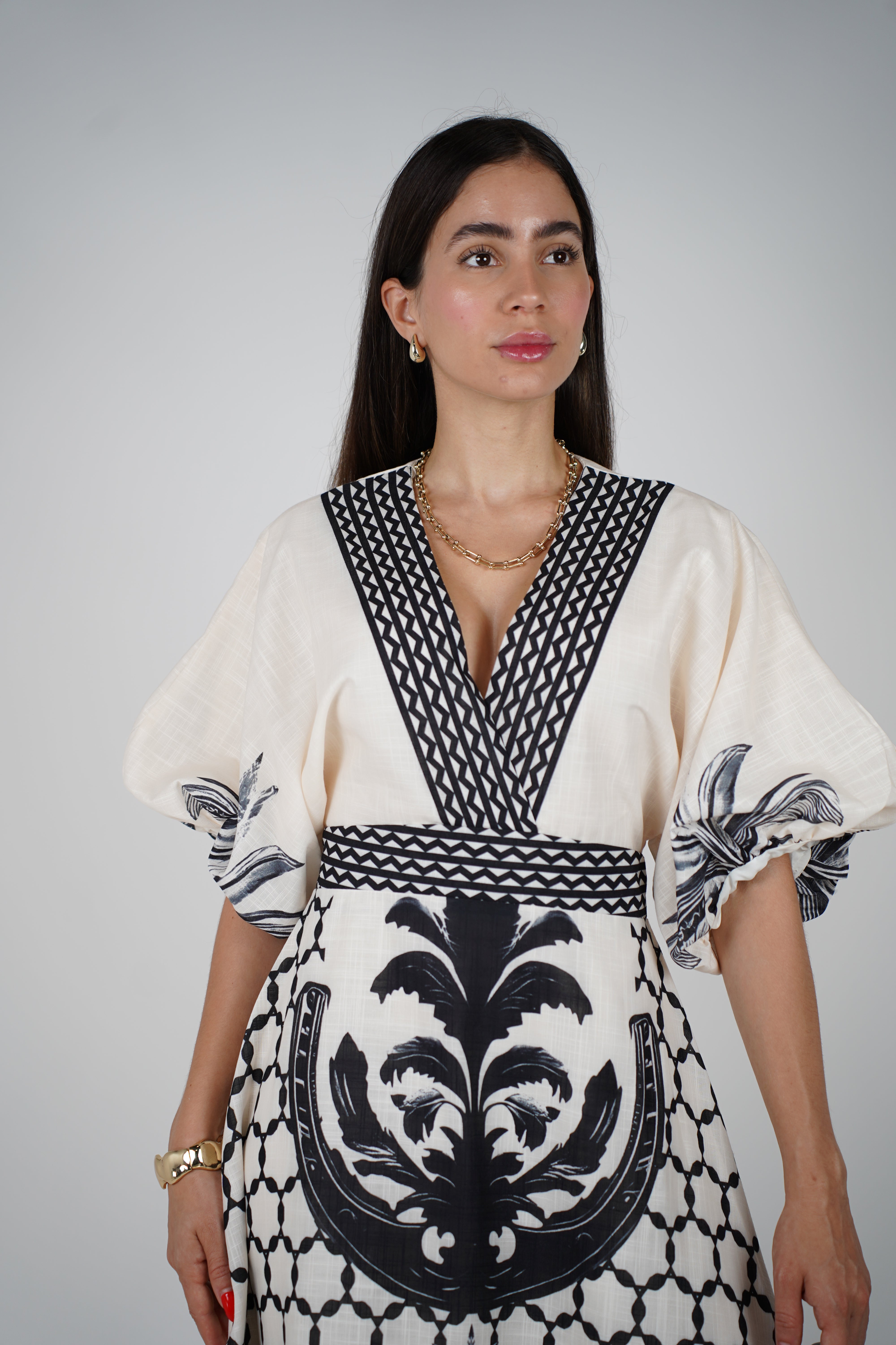 Voreya Stamped Maxi Dress – Statement Black & White Resort Silhouette