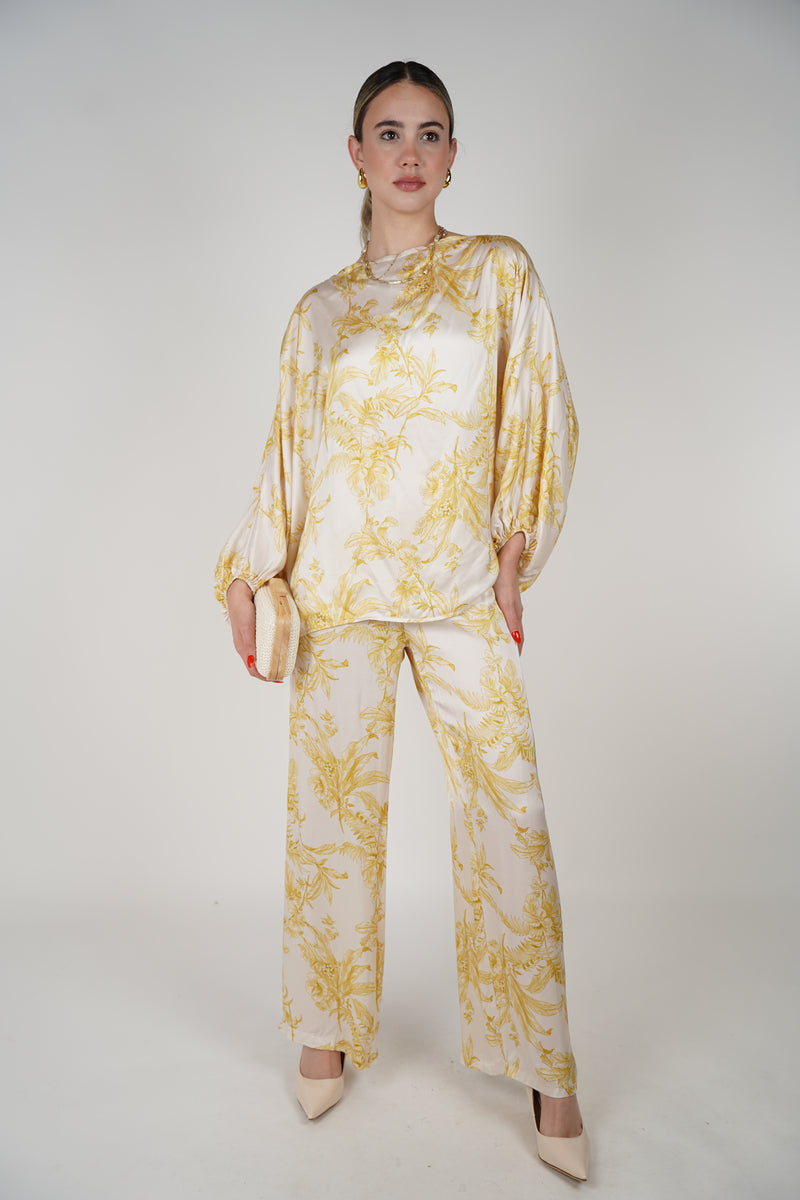 Josephine Top – Flowy Satin Blouse in Yellow Floral Print