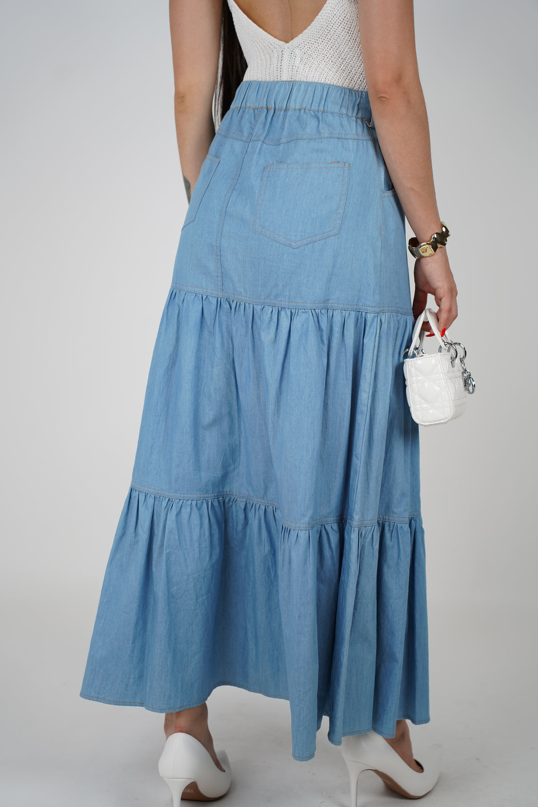 Kaylee Skirt – Denim Maxi with Tiered Ruffle Detail